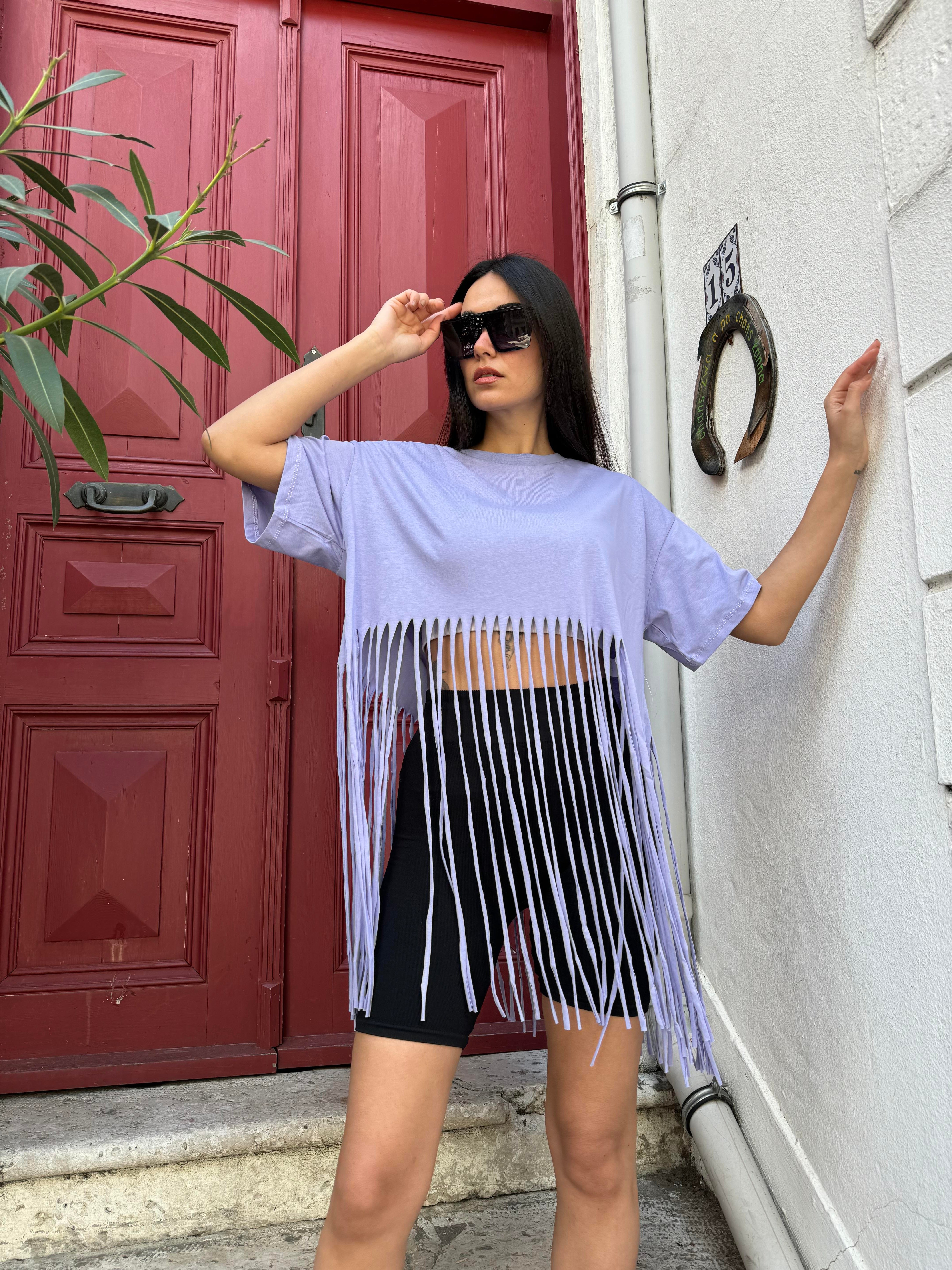 Lila Püsküllü Penye Oversize T-Shirt 25436