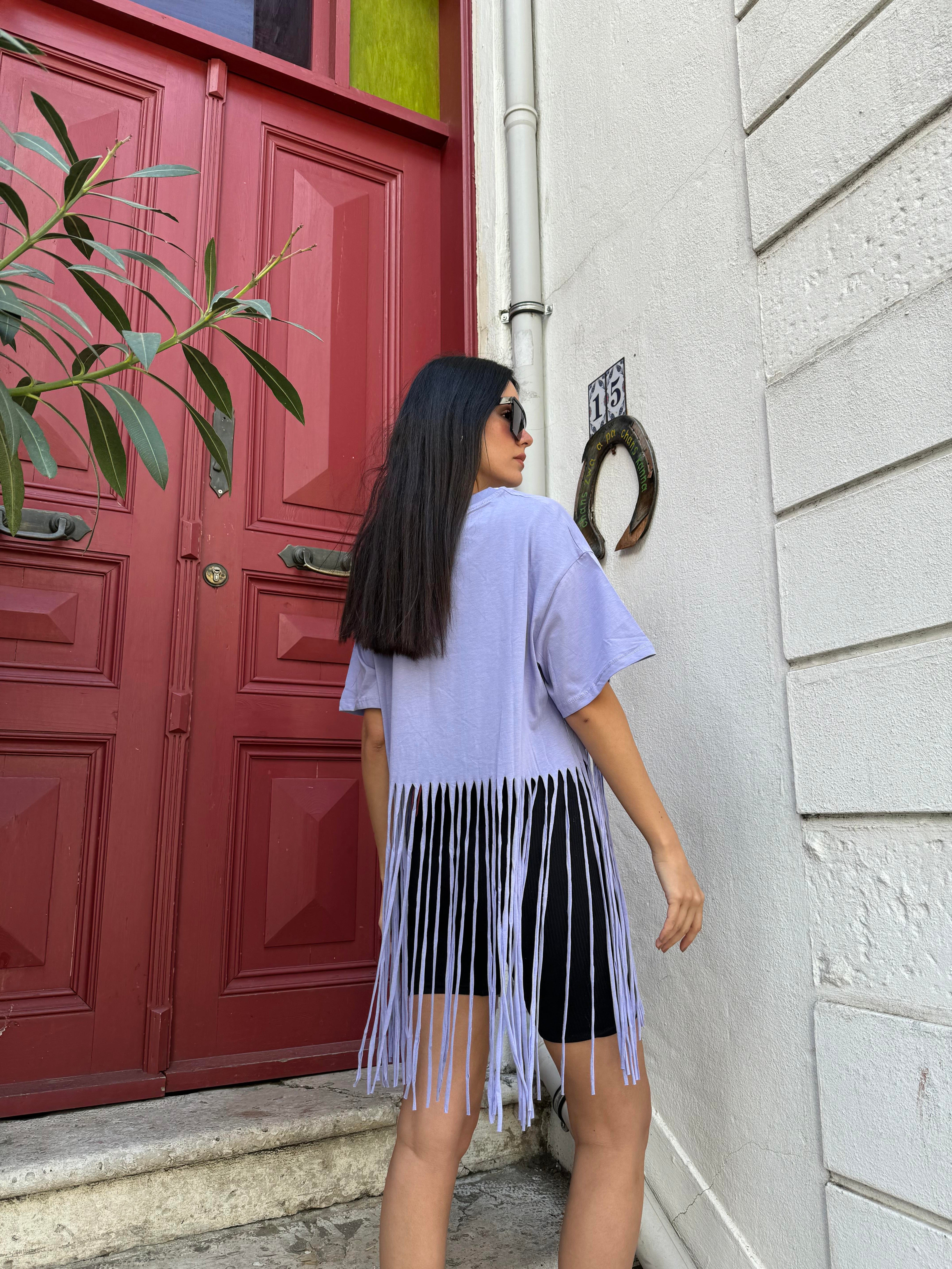 Lila Püsküllü Penye Oversize T-Shirt 25436