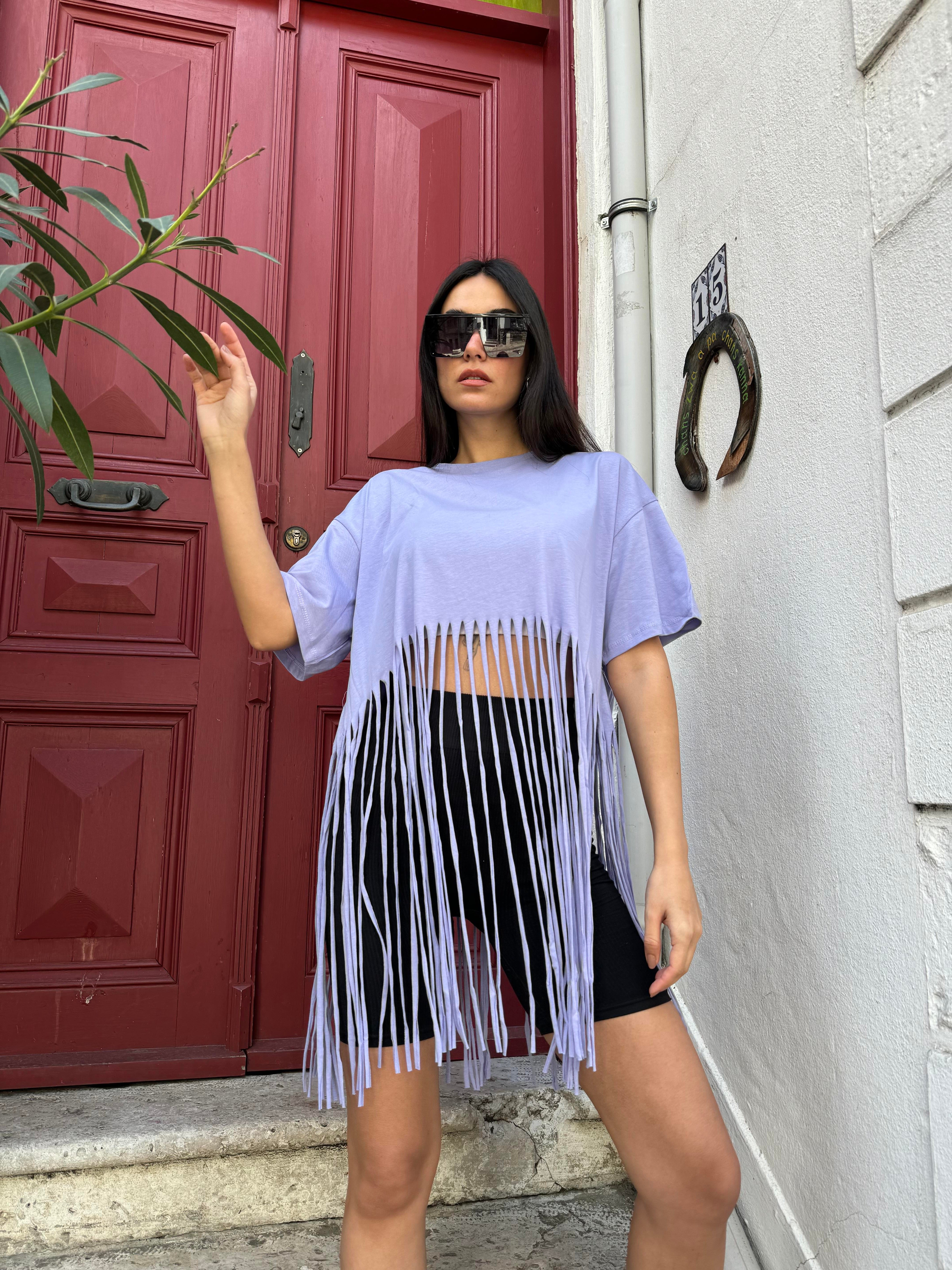 Lila Püsküllü Penye Oversize T-Shirt 25436