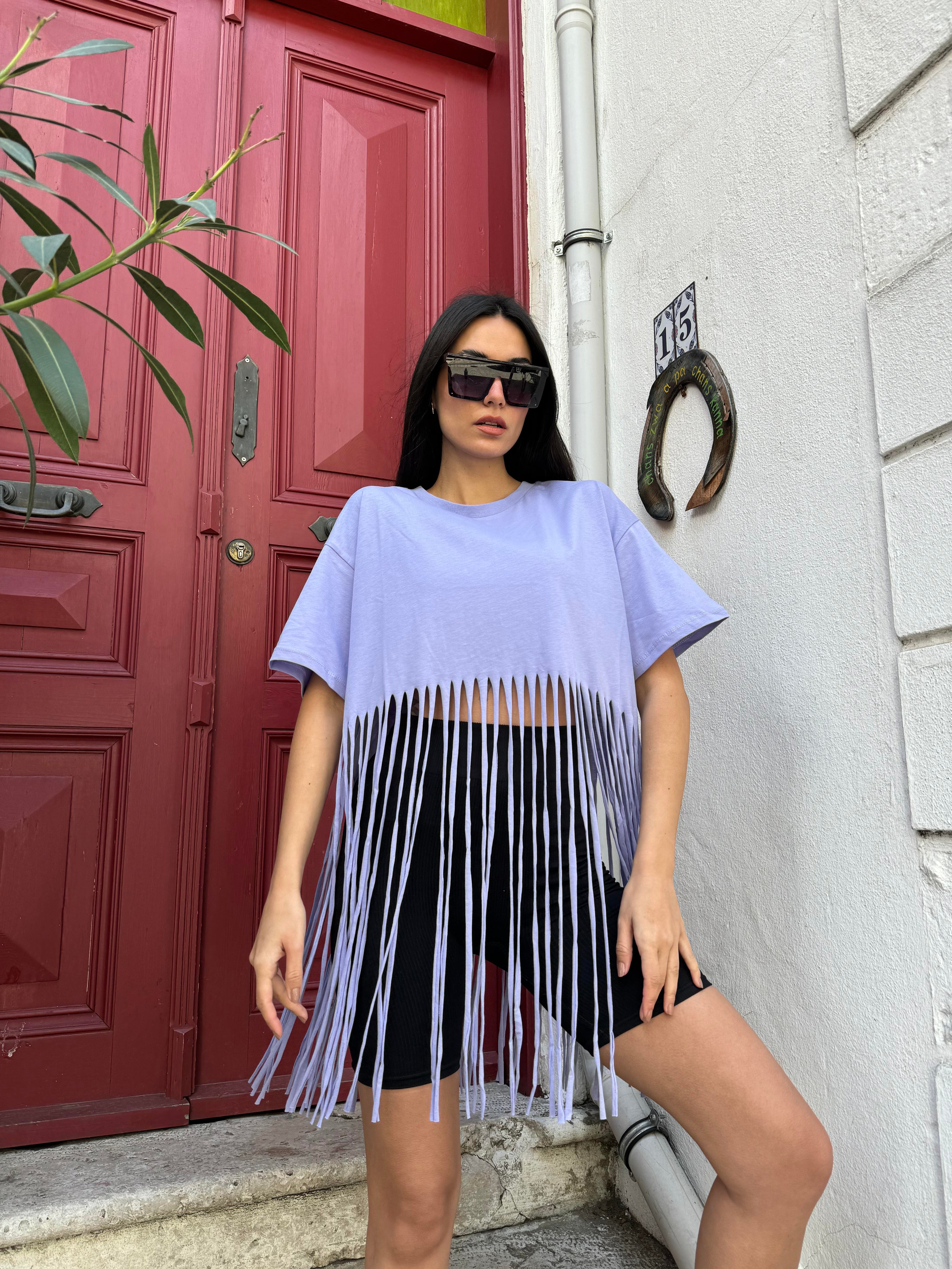 Lila Püsküllü Penye Oversize T-Shirt 25436