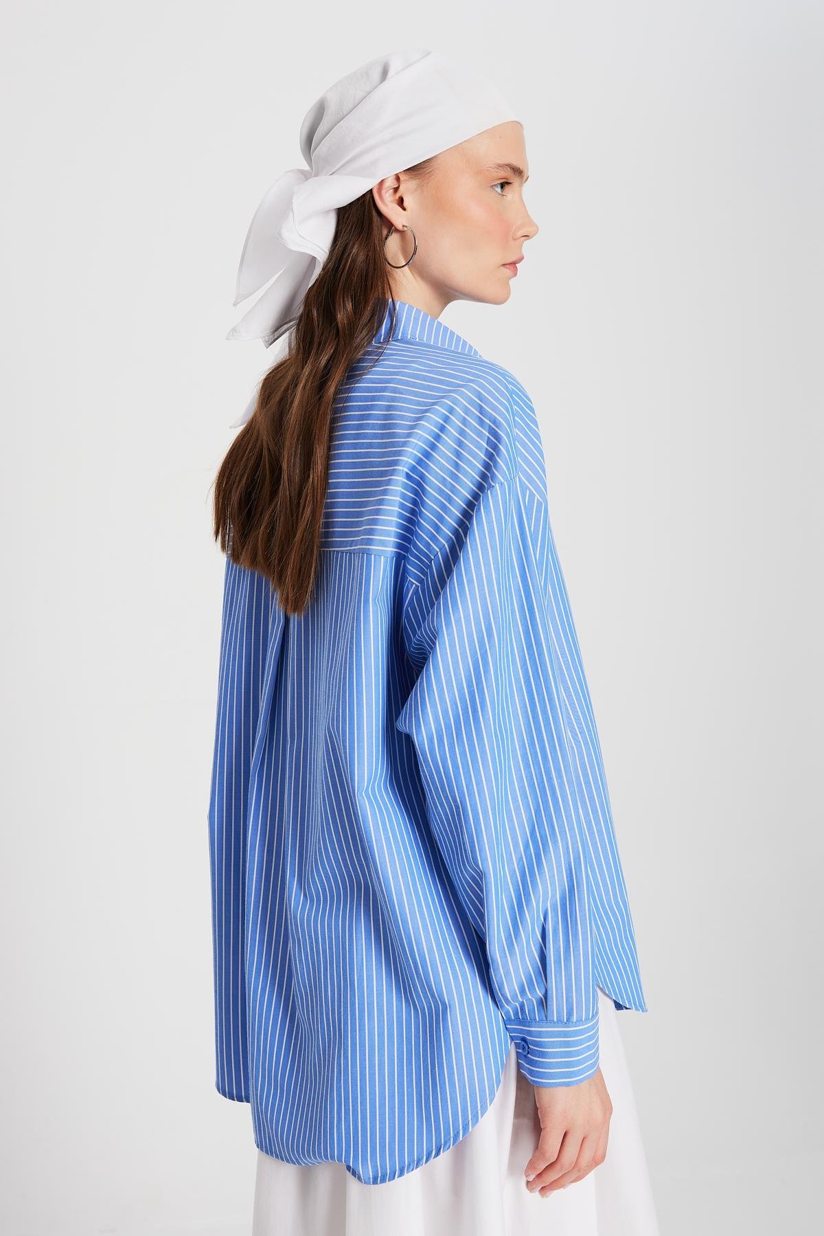 Mavi Beyaz Çizgili Oversize Cepli Gömlek 27135