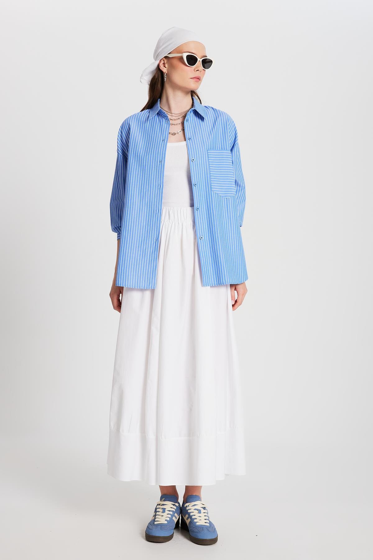 Mavi Beyaz Çizgili Oversize Cepli Gömlek 27135