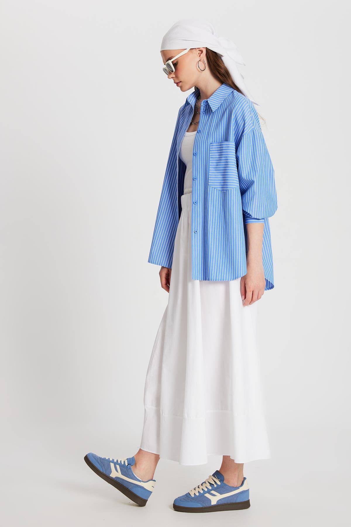 Mavi Beyaz Çizgili Oversize Cepli Gömlek 27135