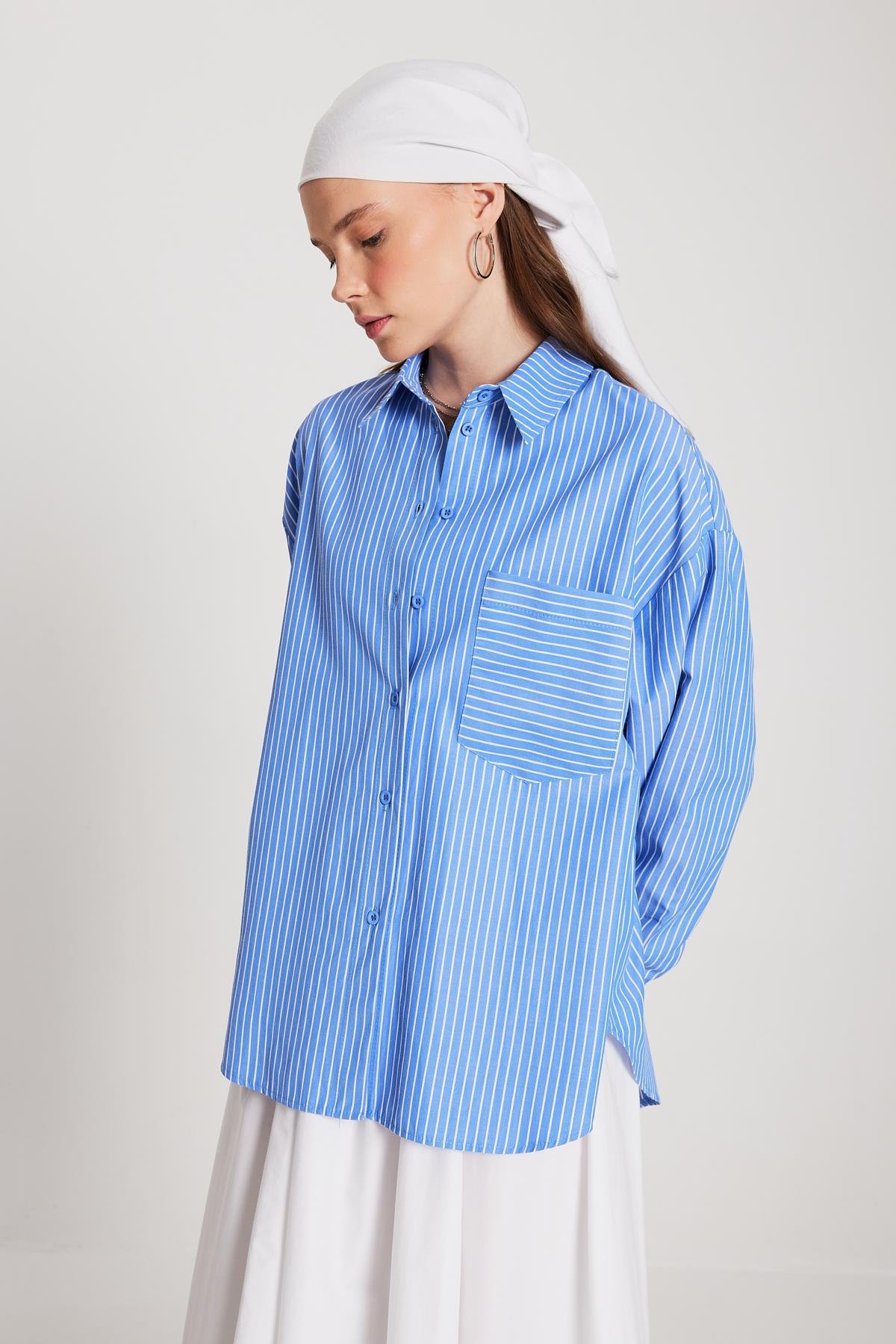 Mavi Beyaz Çizgili Oversize Cepli Gömlek 27135