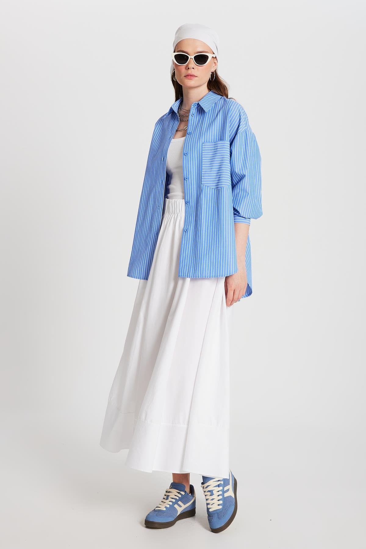 Mavi Beyaz Çizgili Oversize Cepli Gömlek 27135