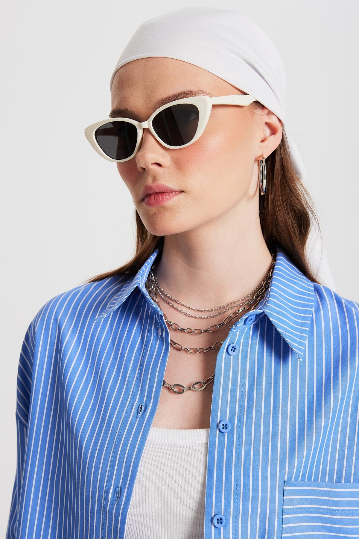 Mavi Beyaz Çizgili Oversize Cepli Gömlek 27135