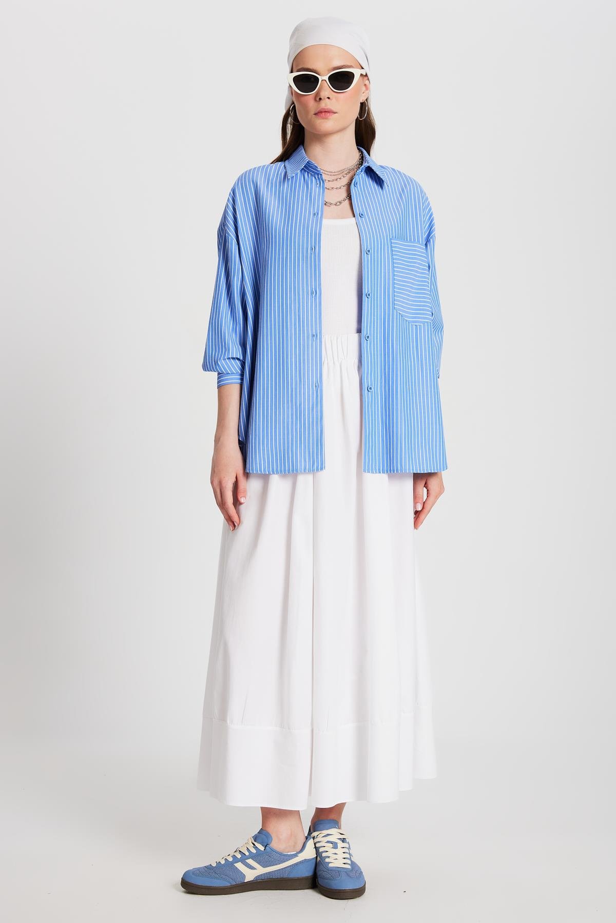 Mavi Beyaz Çizgili Oversize Cepli Gömlek 27135