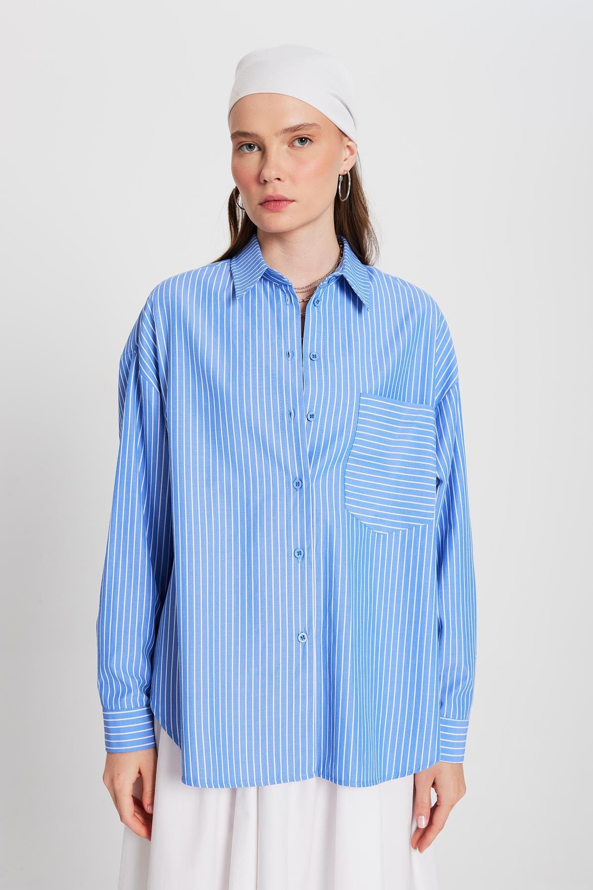 Mavi Beyaz Çizgili Oversize Cepli Gömlek 27135