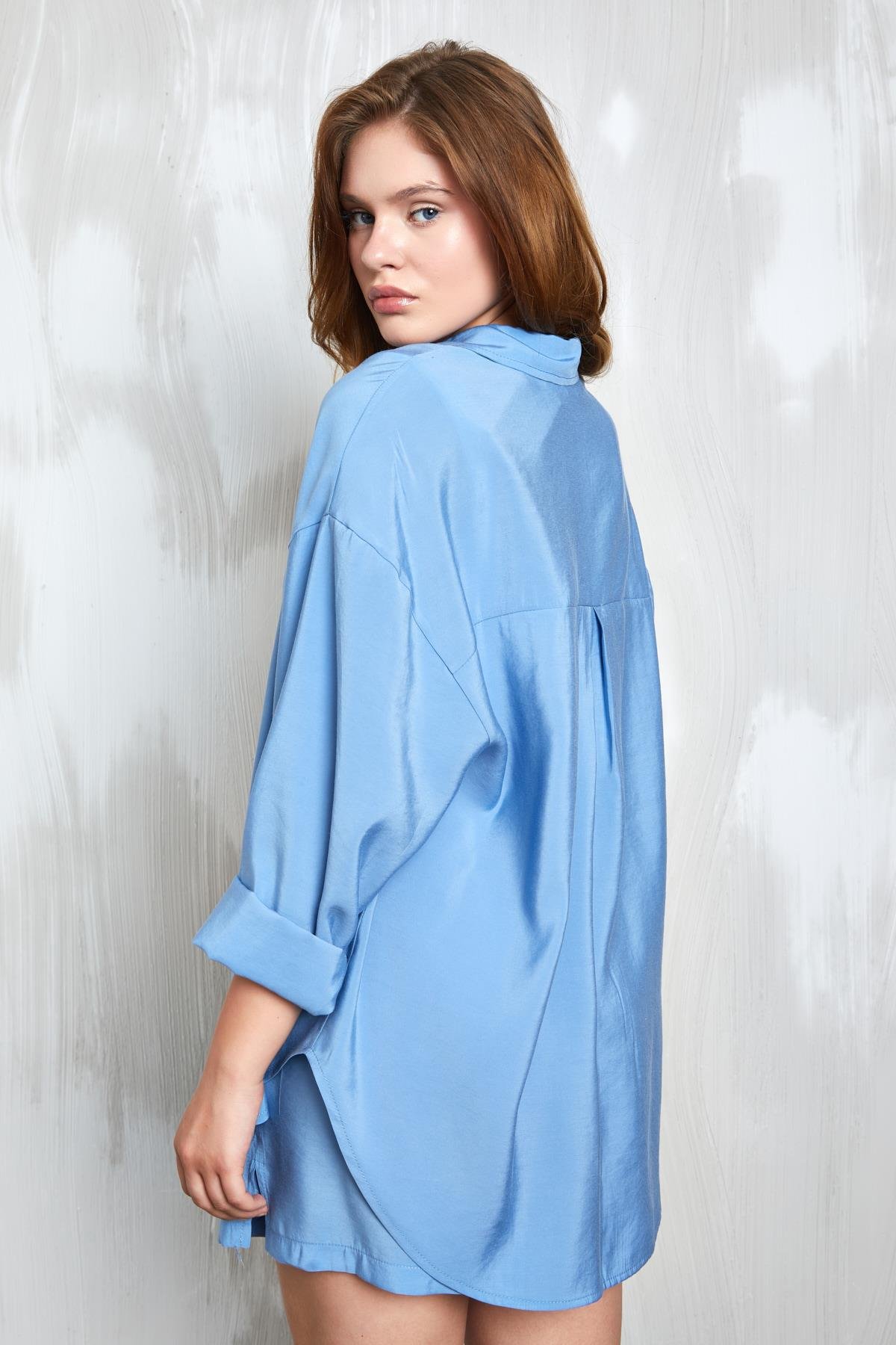 Mavi Modal Kumaş Oversize Gömlek/Şort Alt-Üst Takım 27376