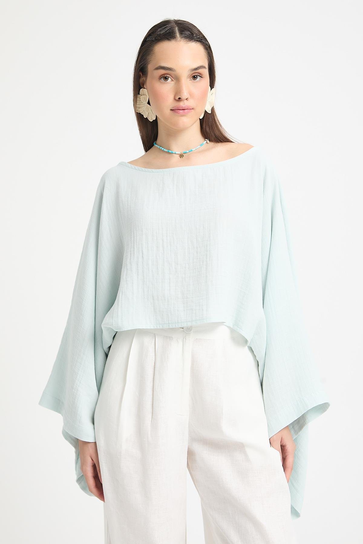 Mavi Oversize Kesim Müslin Bluz 29230