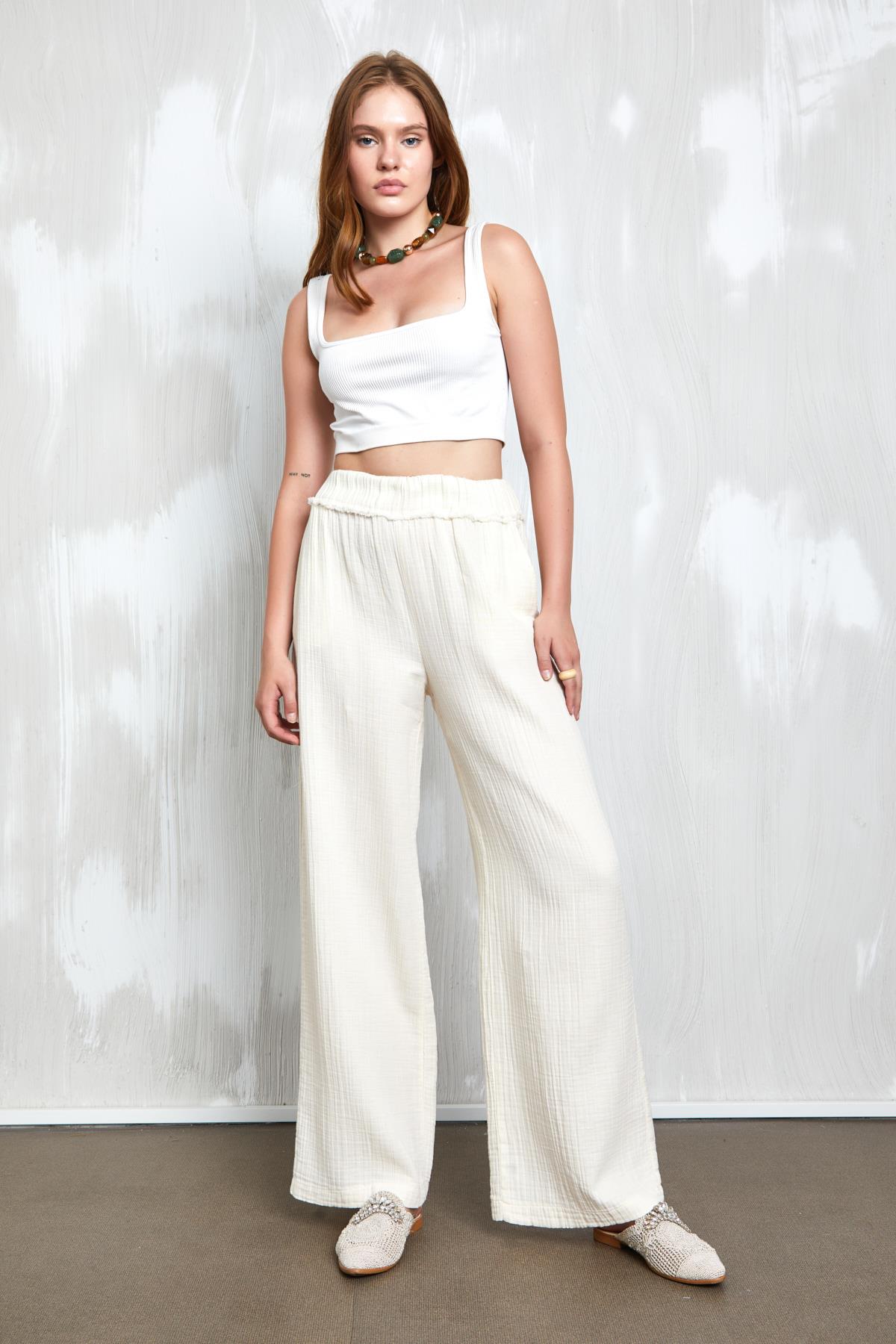 Natur Müslin Kumaş Beli Lastikli Bol Kesim Pantolon 27352