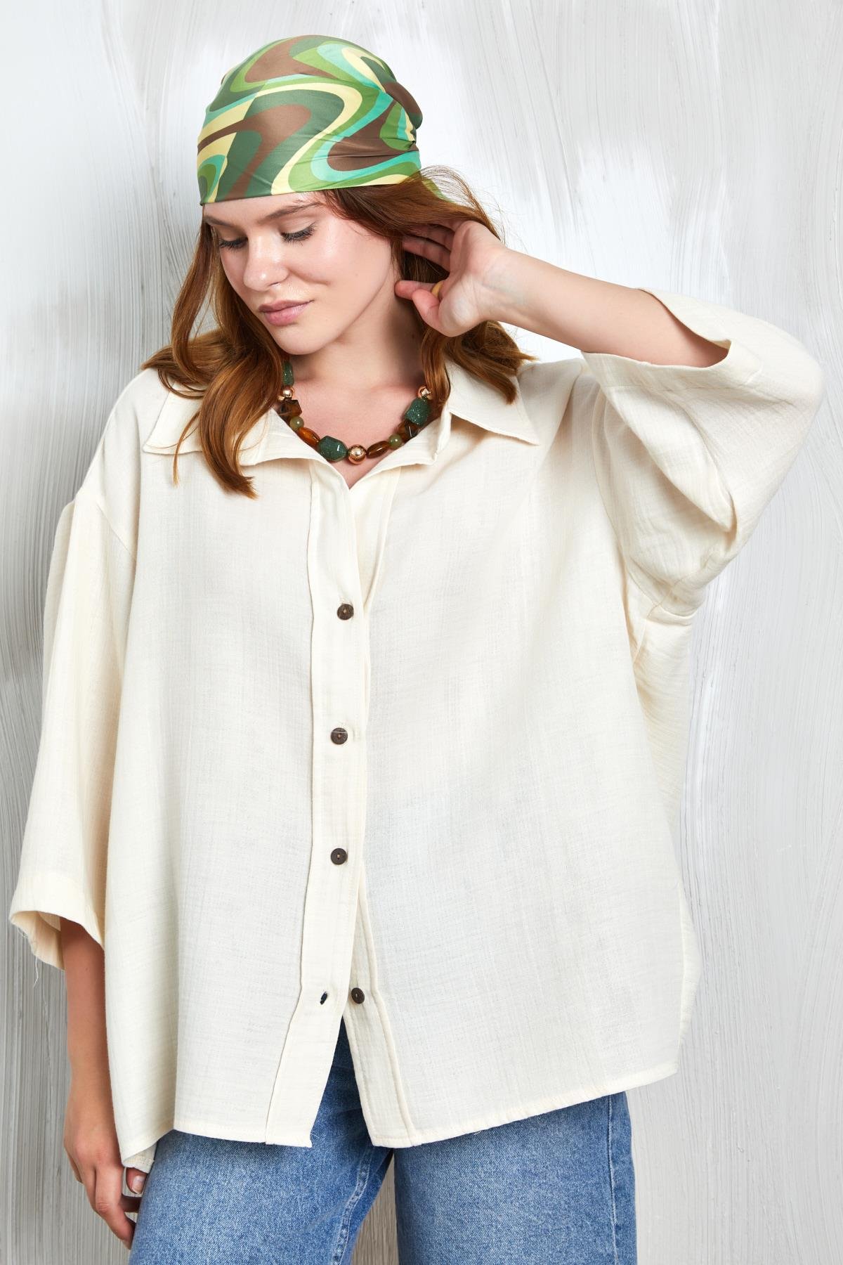 Natur Müslin Kumaş Oversize Fakir Kol Gömlek 27349