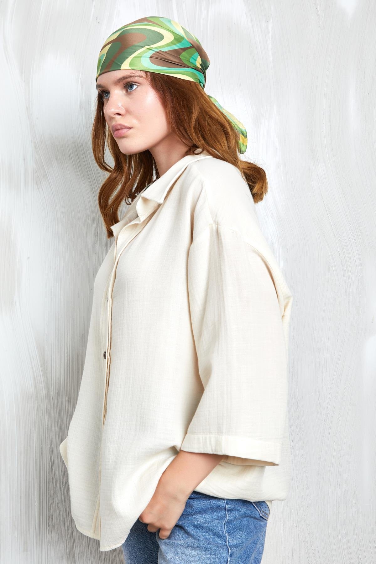 Natur Müslin Kumaş Oversize Fakir Kol Gömlek 27349