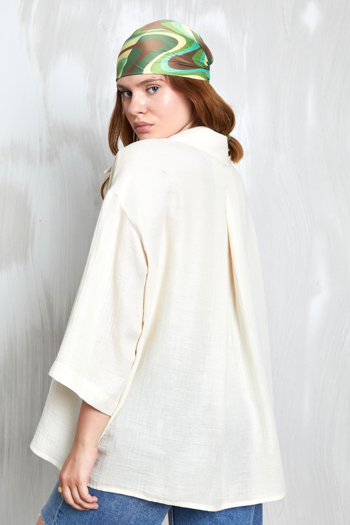Natur Müslin Kumaş Oversize Fakir Kol Gömlek 27349