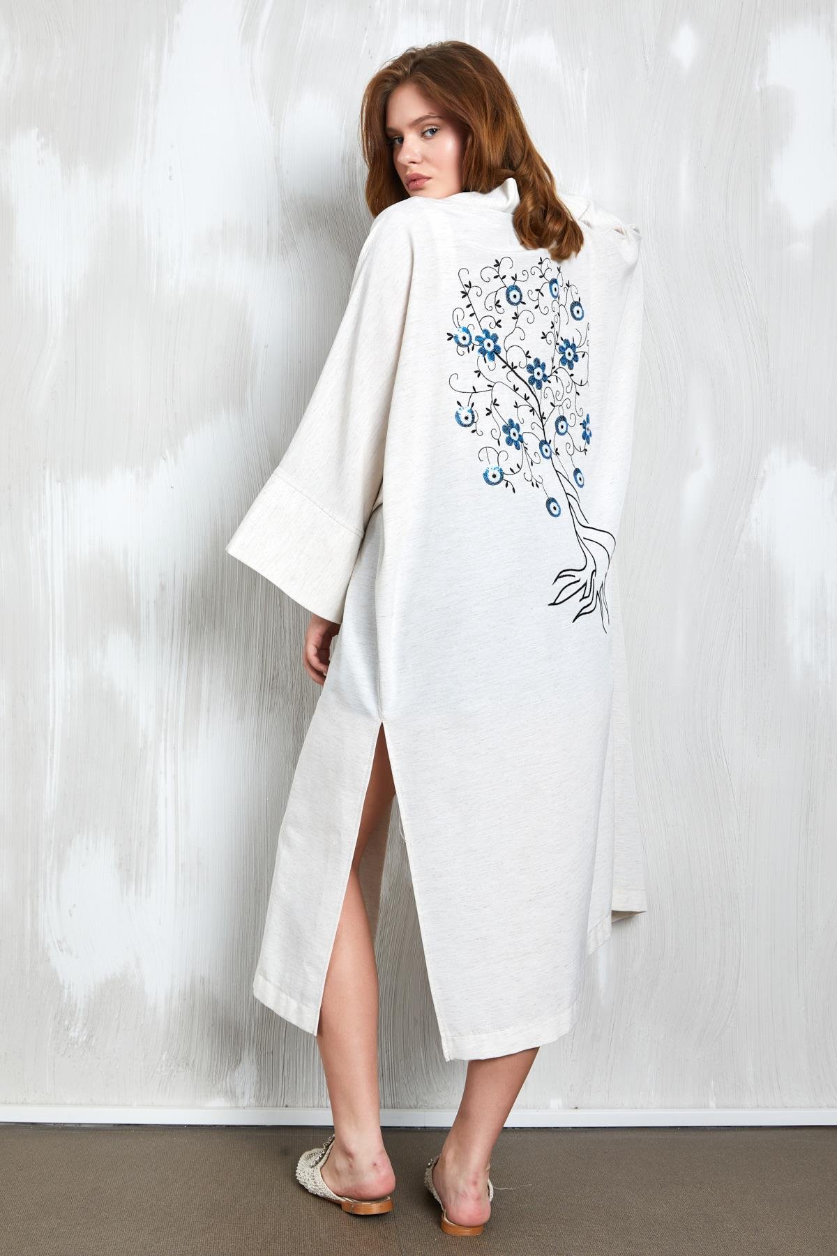 Natur Sırtı Pul Nakışlı Uzun Kimono 27383