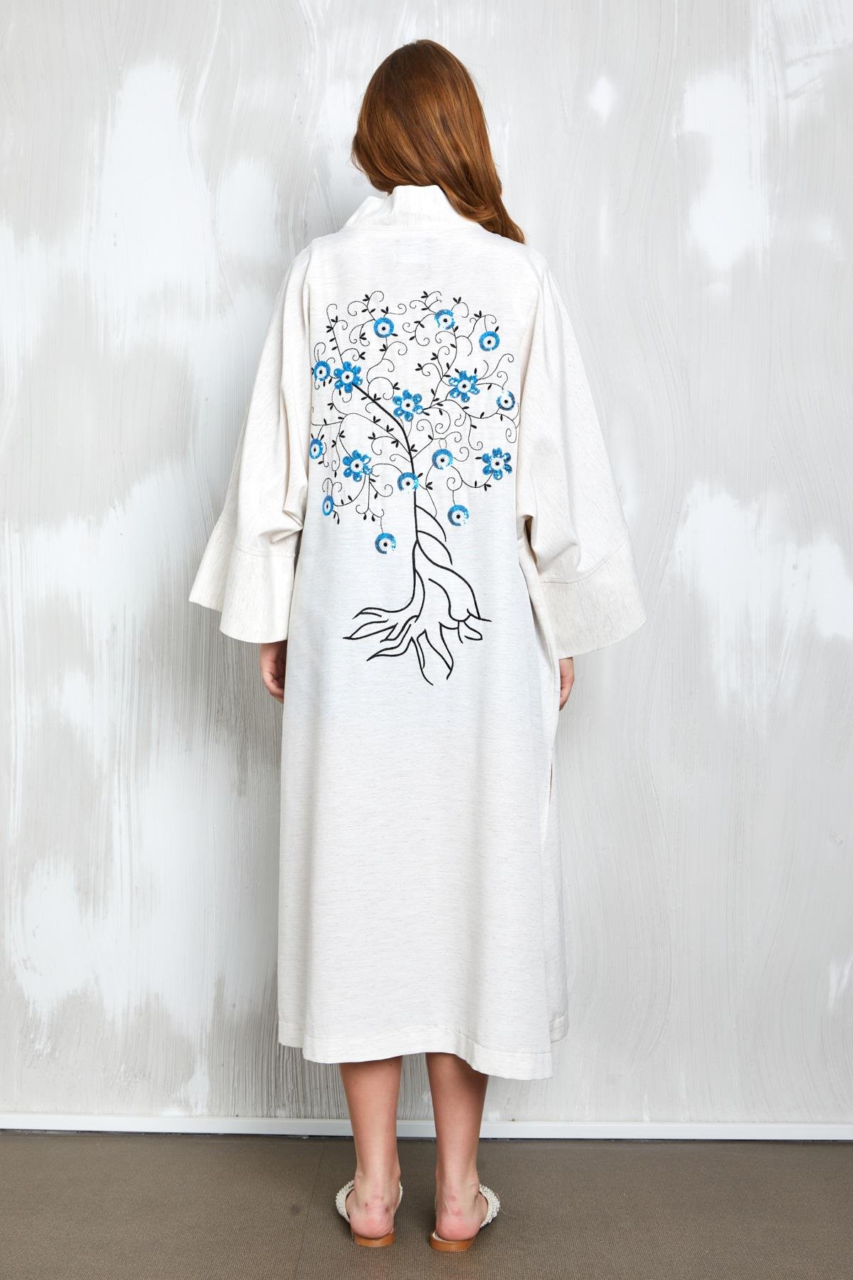 Natur Sırtı Pul Nakışlı Uzun Kimono 27383