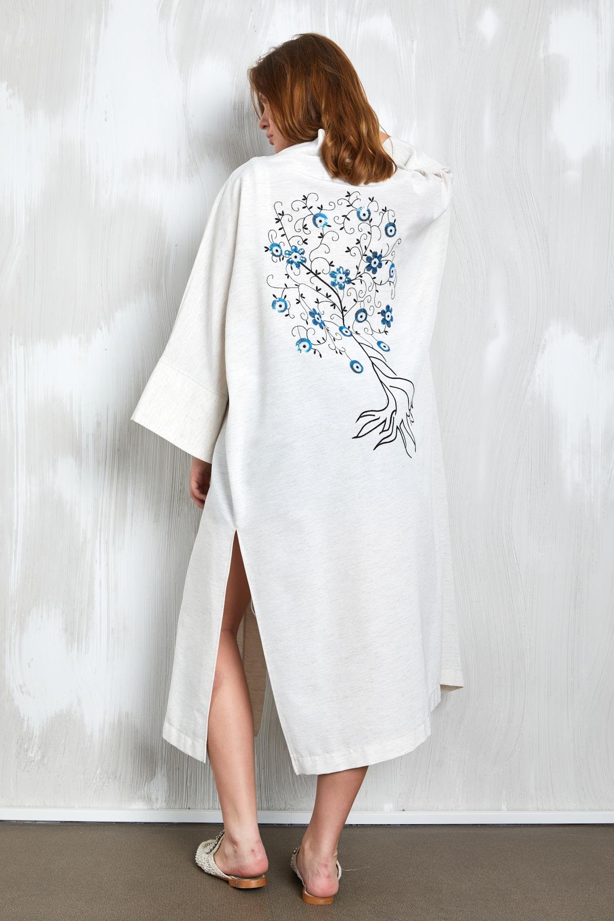 Natur Sırtı Pul Nakışlı Uzun Kimono 27383
