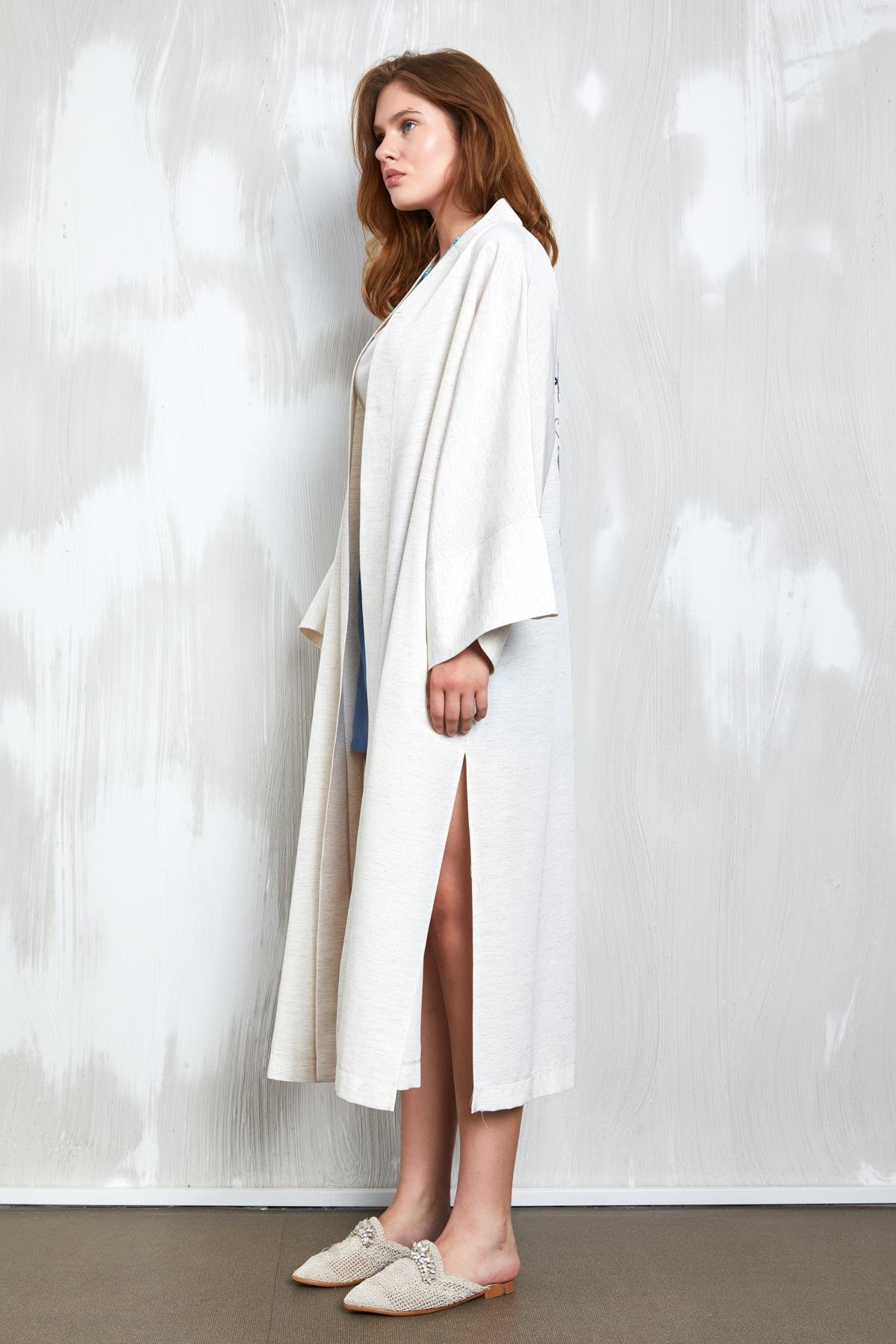 Natur Sırtı Pul Nakışlı Uzun Kimono 27383