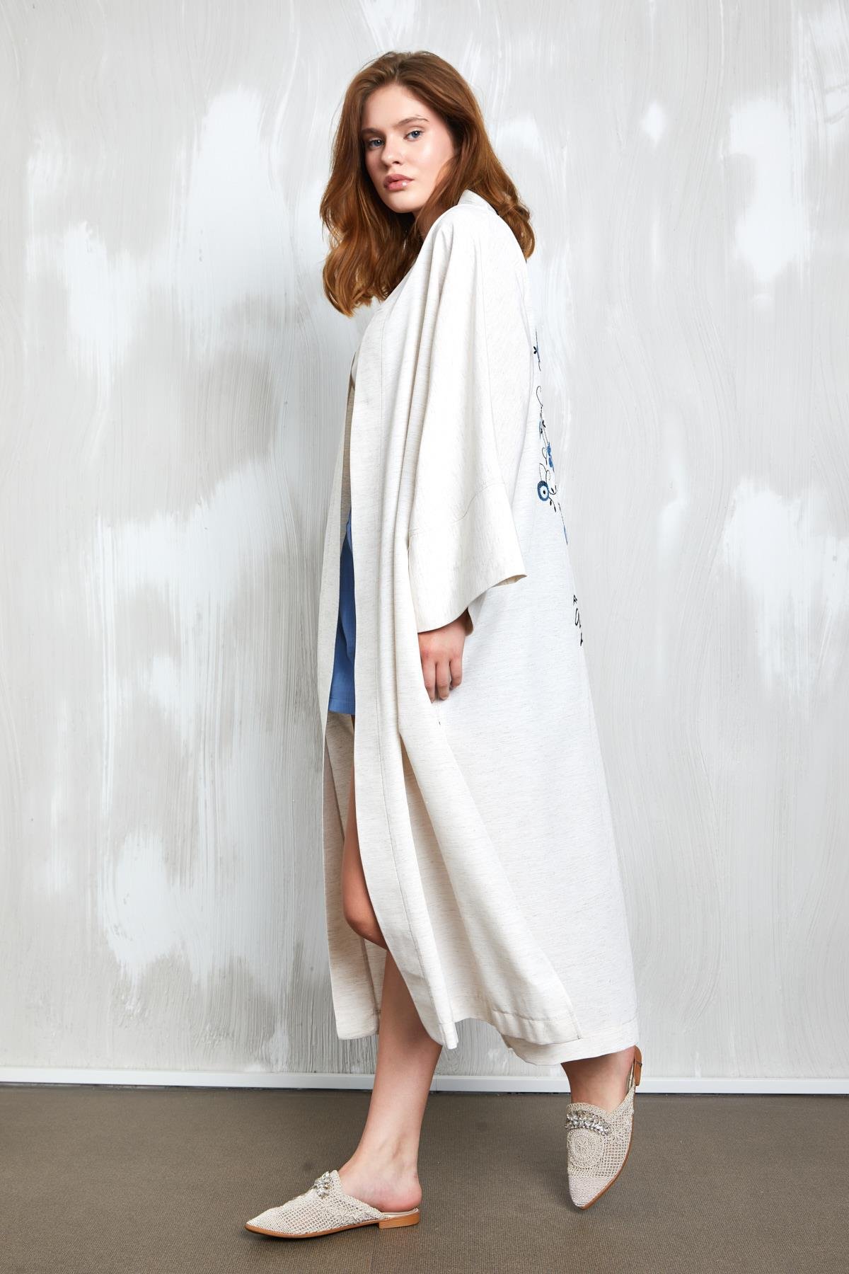 Natur Sırtı Pul Nakışlı Uzun Kimono 27383