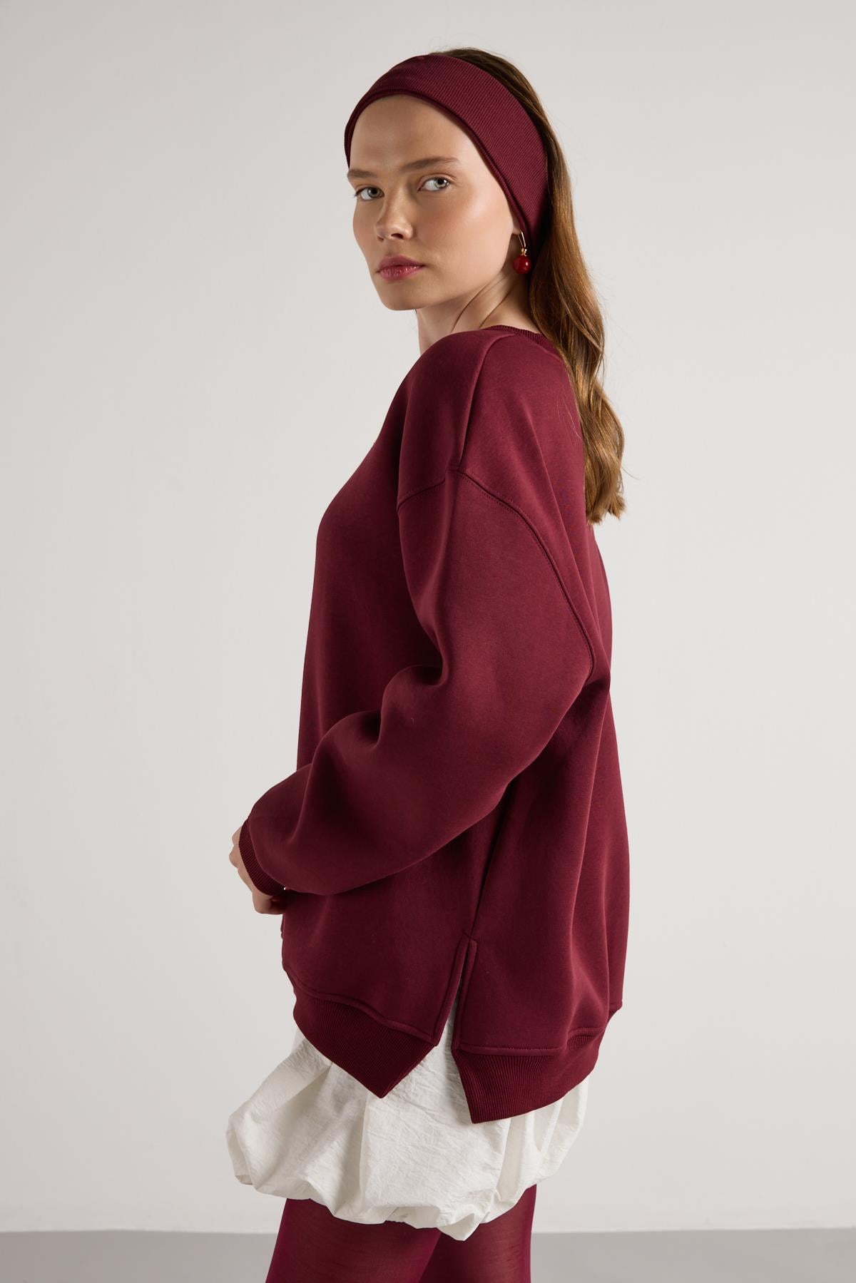 Oversize 3 İplik Şardonlu Basic Sweatshirt Bordo