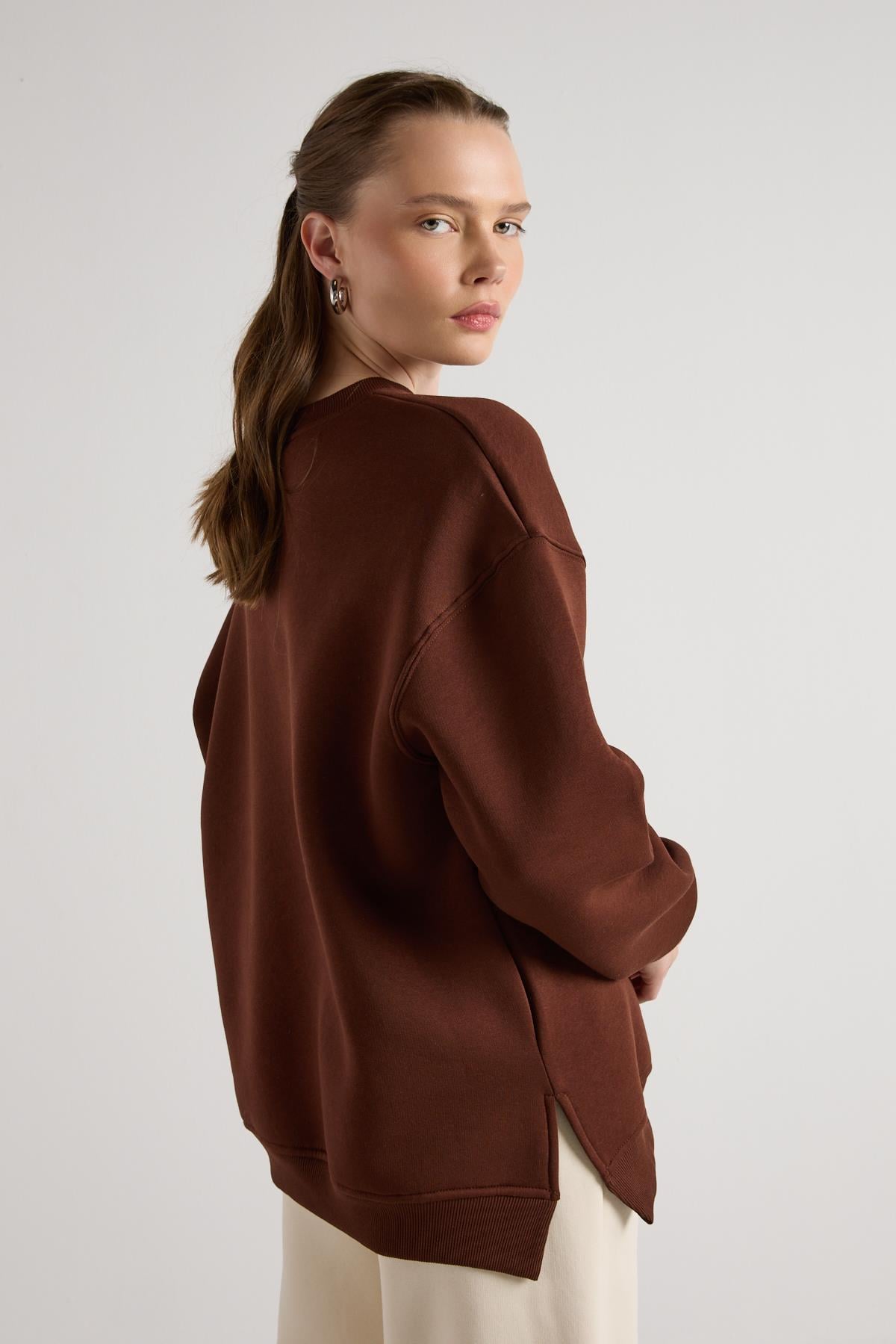 Oversize 3 İplik Şardonlu Basic Sweatshirt Kahve