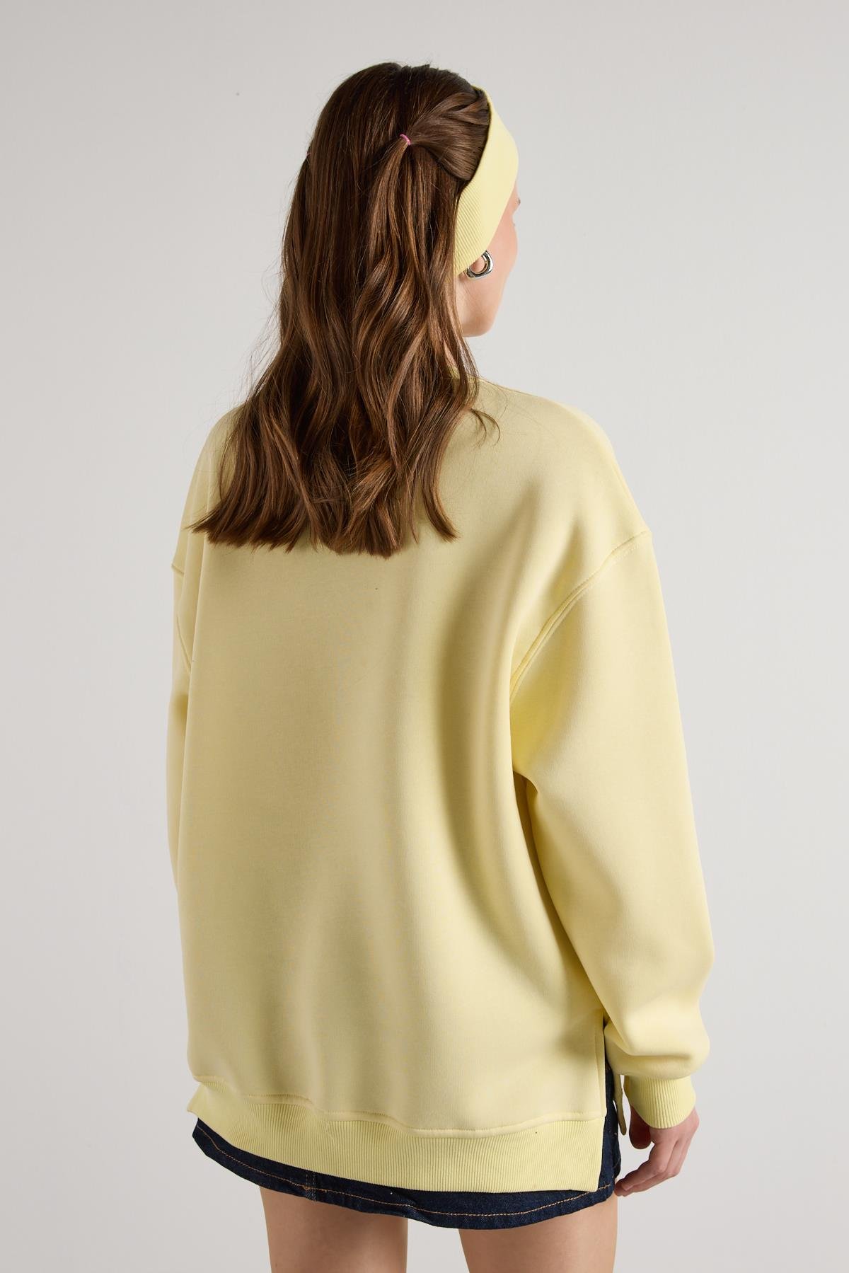 Oversize 3 İplik Şardonlu Basic Sweatshirt Sarı