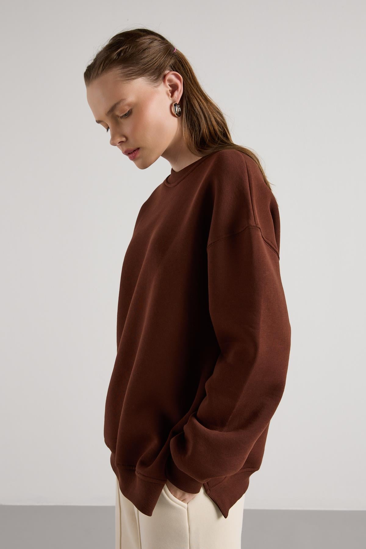 Oversize 3 İplik Şardonlu Basic Sweatshirt Kahve