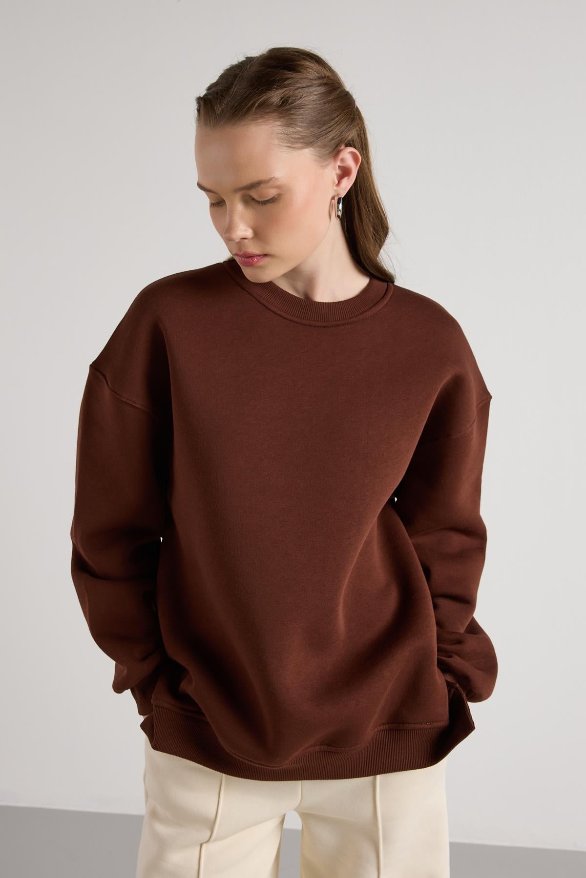 Oversize 3 İplik Şardonlu Basic Sweatshirt Kahve
