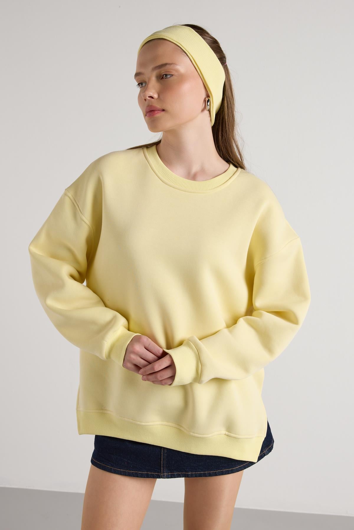 Oversize 3 İplik Şardonlu Basic Sweatshirt Sarı