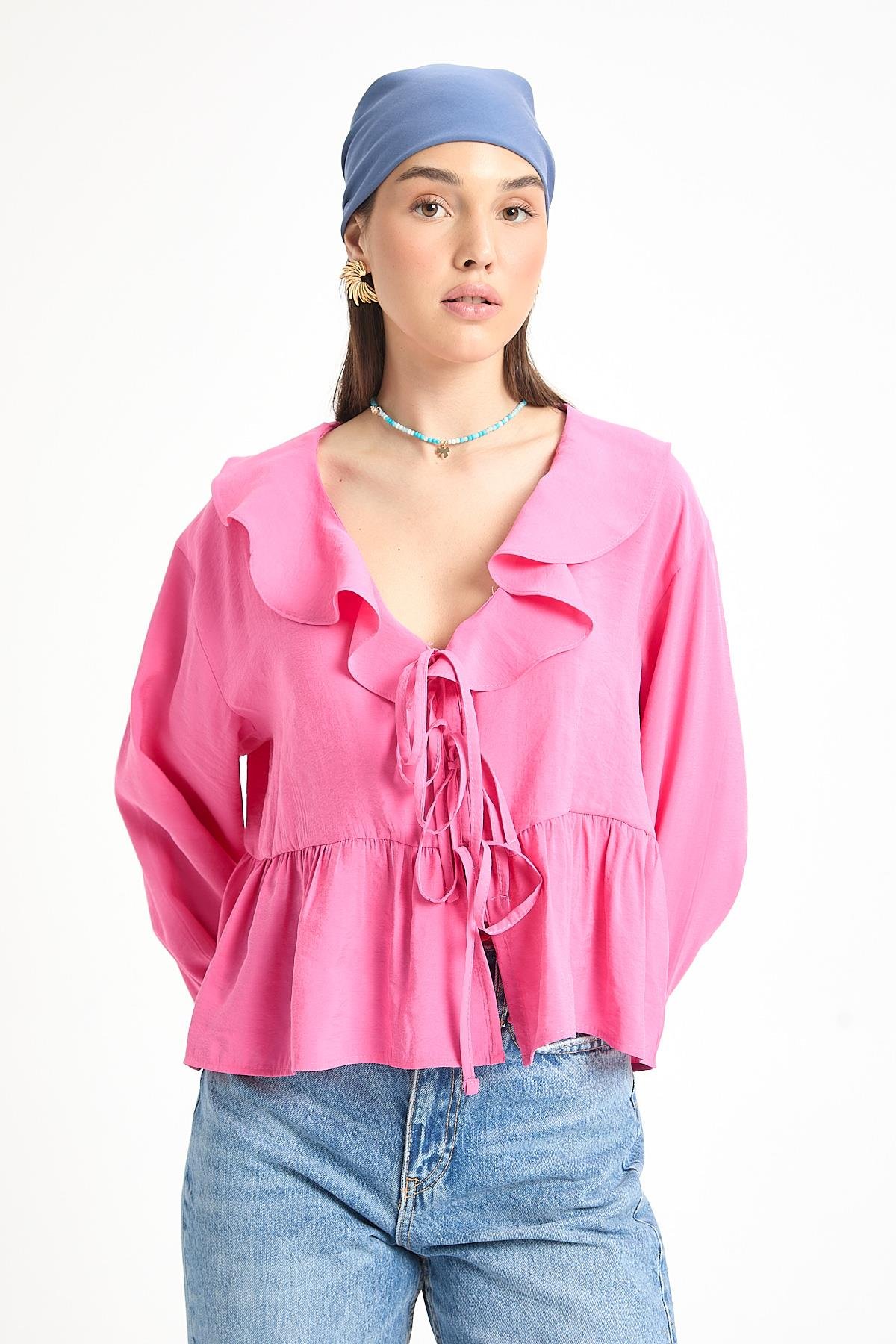 Pembe %100 Modal Fırfır Detaylı Önden Bağlamalı Bluz 29255