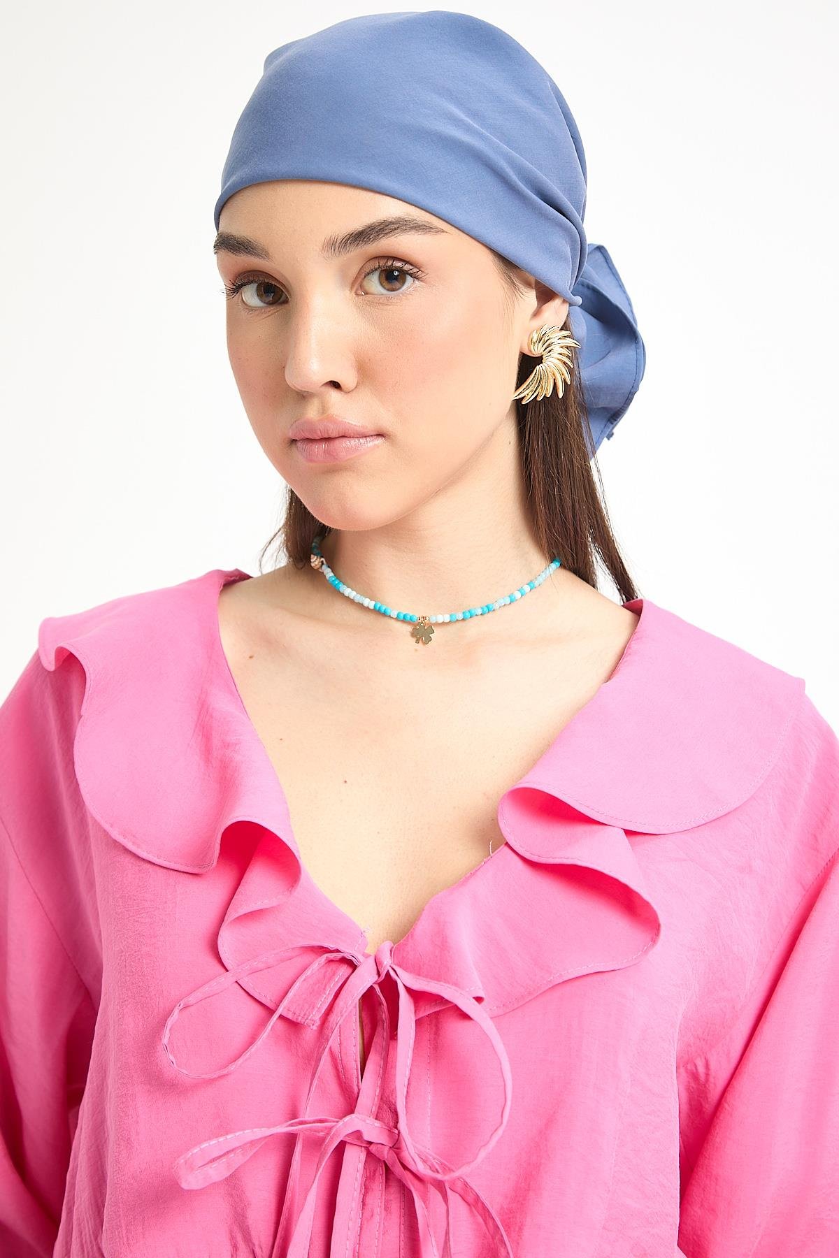 Pembe %100 Modal Fırfır Detaylı Önden Bağlamalı Bluz 29255