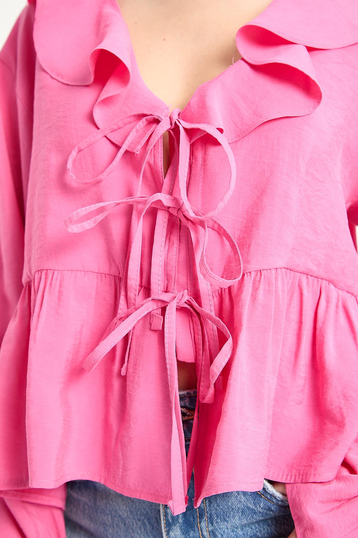 Pembe %100 Modal Fırfır Detaylı Önden Bağlamalı Bluz 29255
