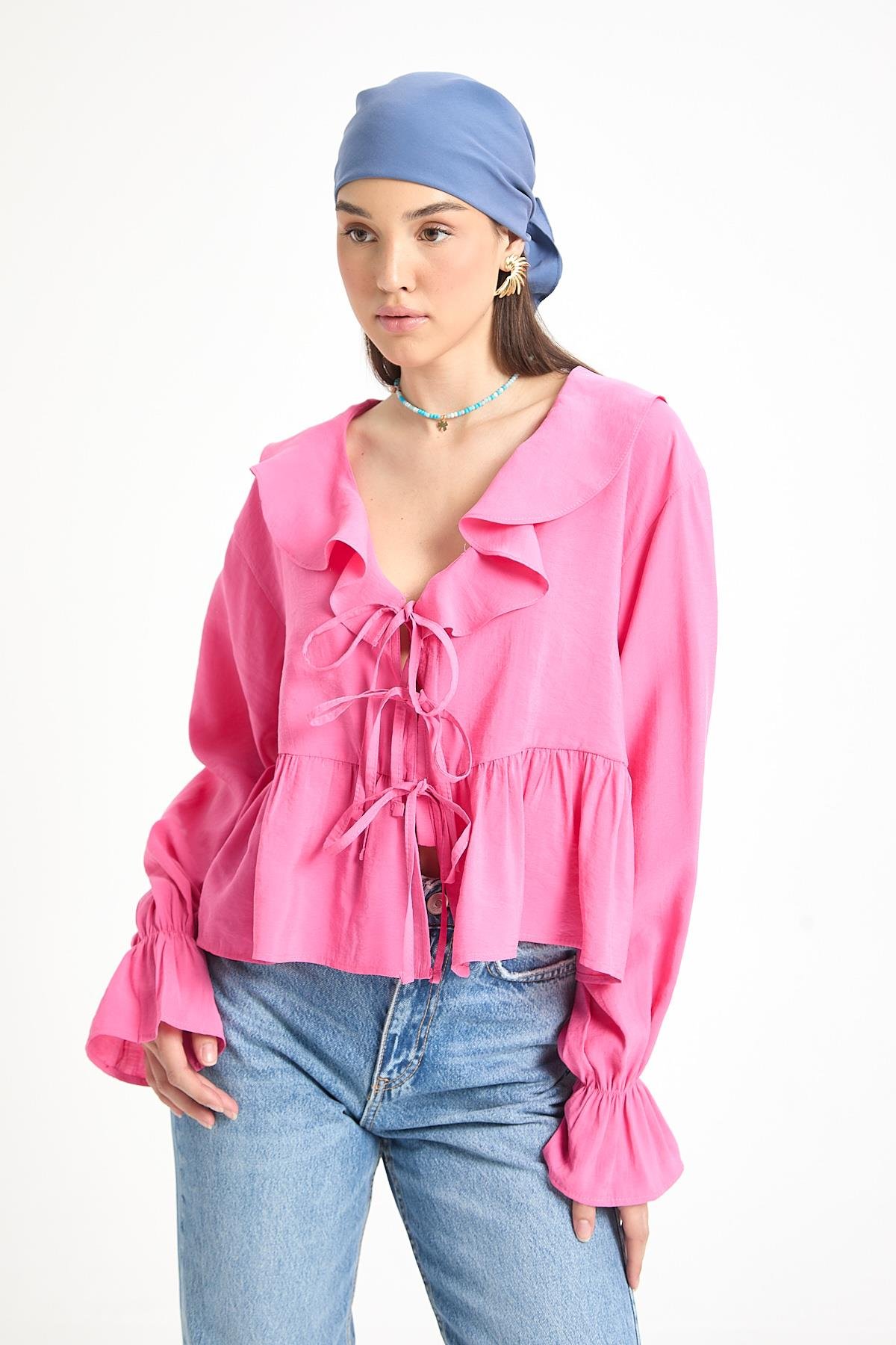 Pembe %100 Modal Fırfır Detaylı Önden Bağlamalı Bluz 29255