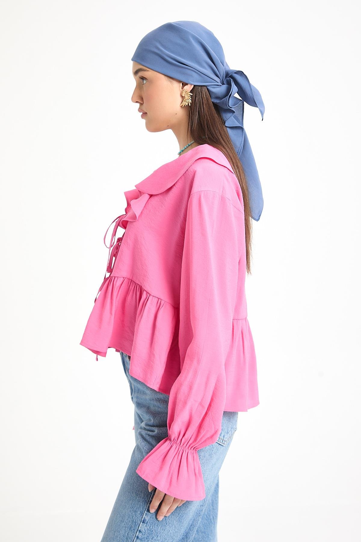 Pembe %100 Modal Fırfır Detaylı Önden Bağlamalı Bluz 29255