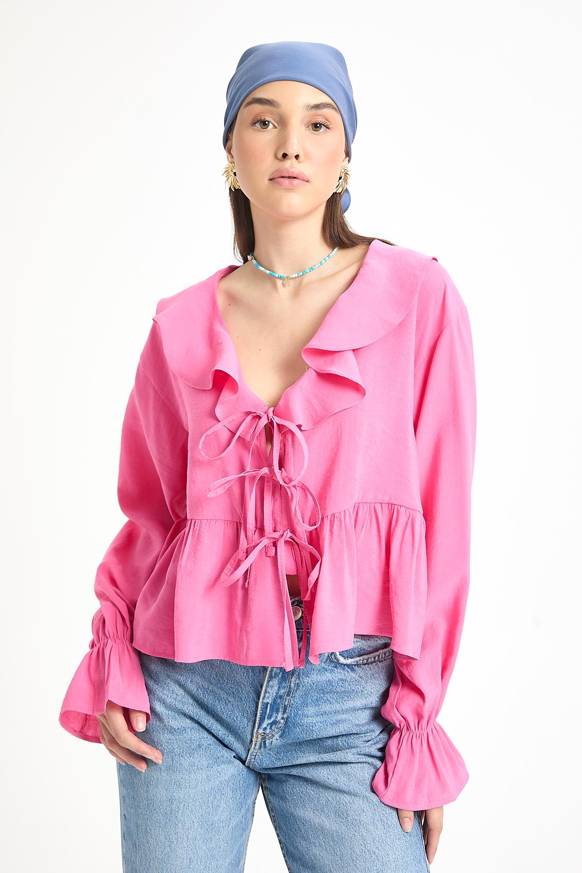 Pembe %100 Modal Fırfır Detaylı Önden Bağlamalı Bluz 29255