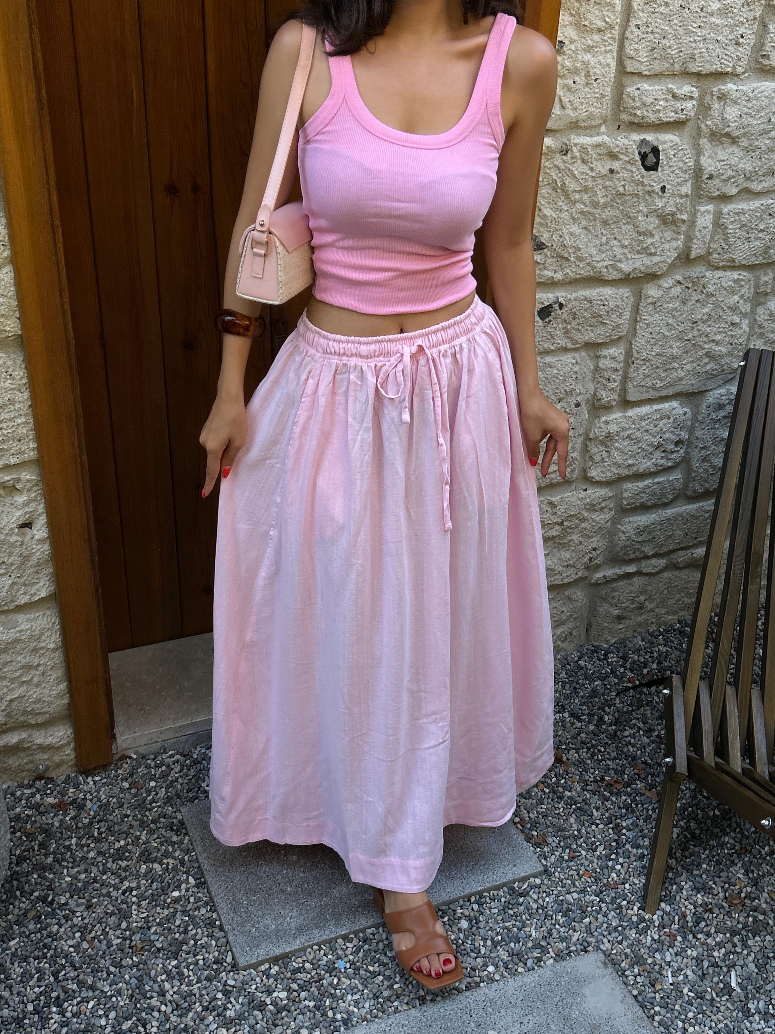 Pembe %100 Organik Lastikli İp Detaylı Uzun Etek 29266