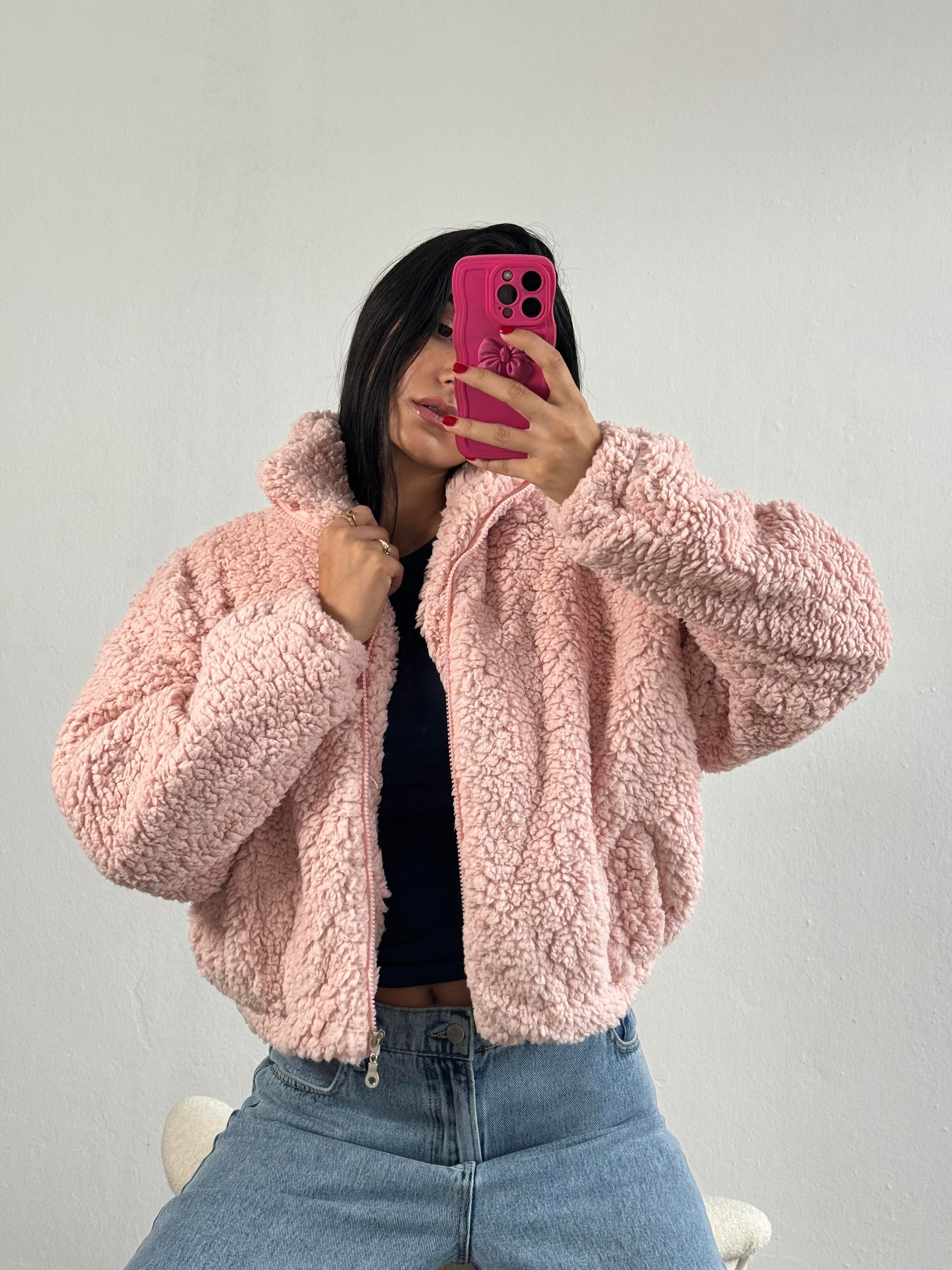 Pembe Astarlı Oversize Pelüş Mont 26113