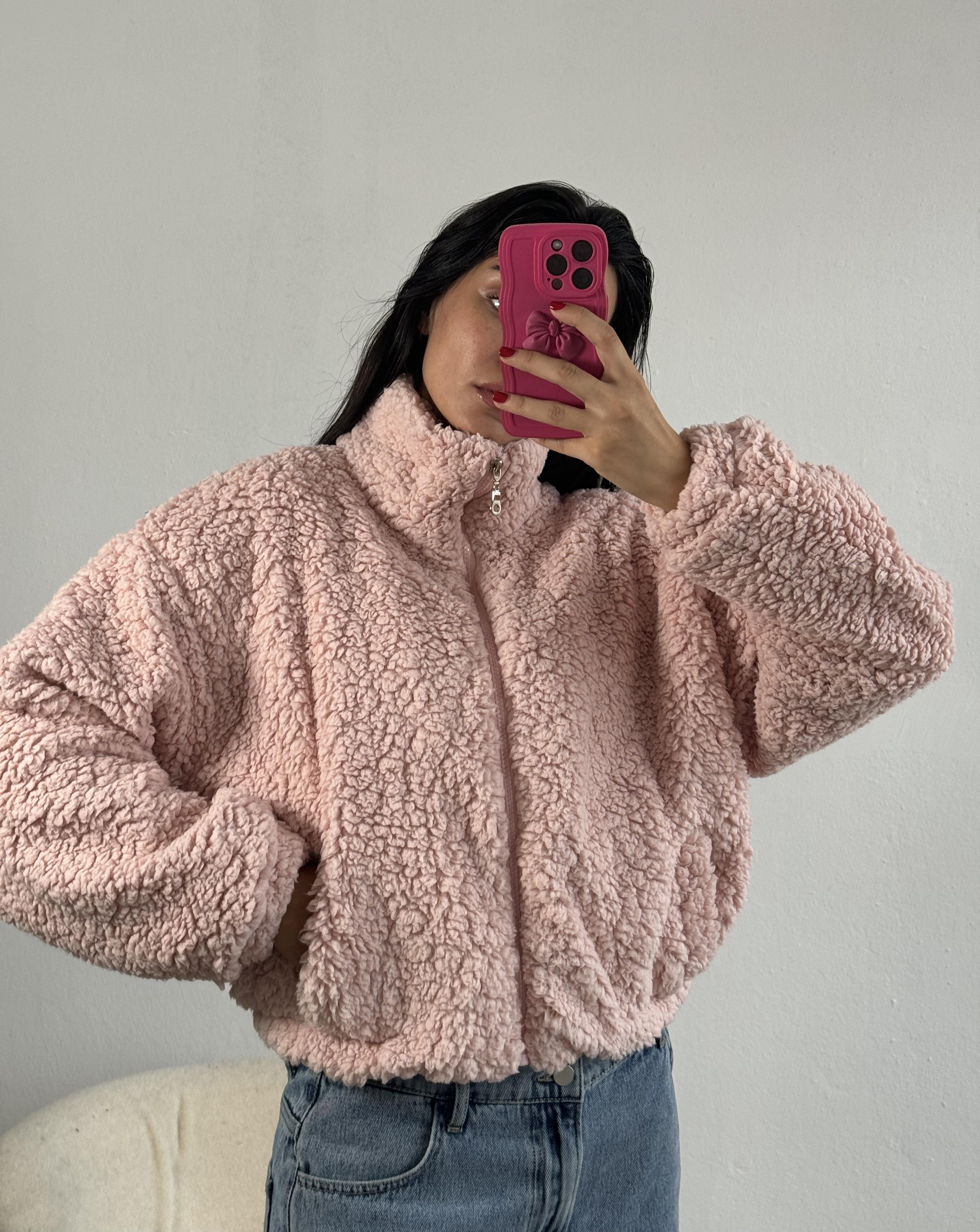 Pembe Astarlı Oversize Pelüş Mont 26113