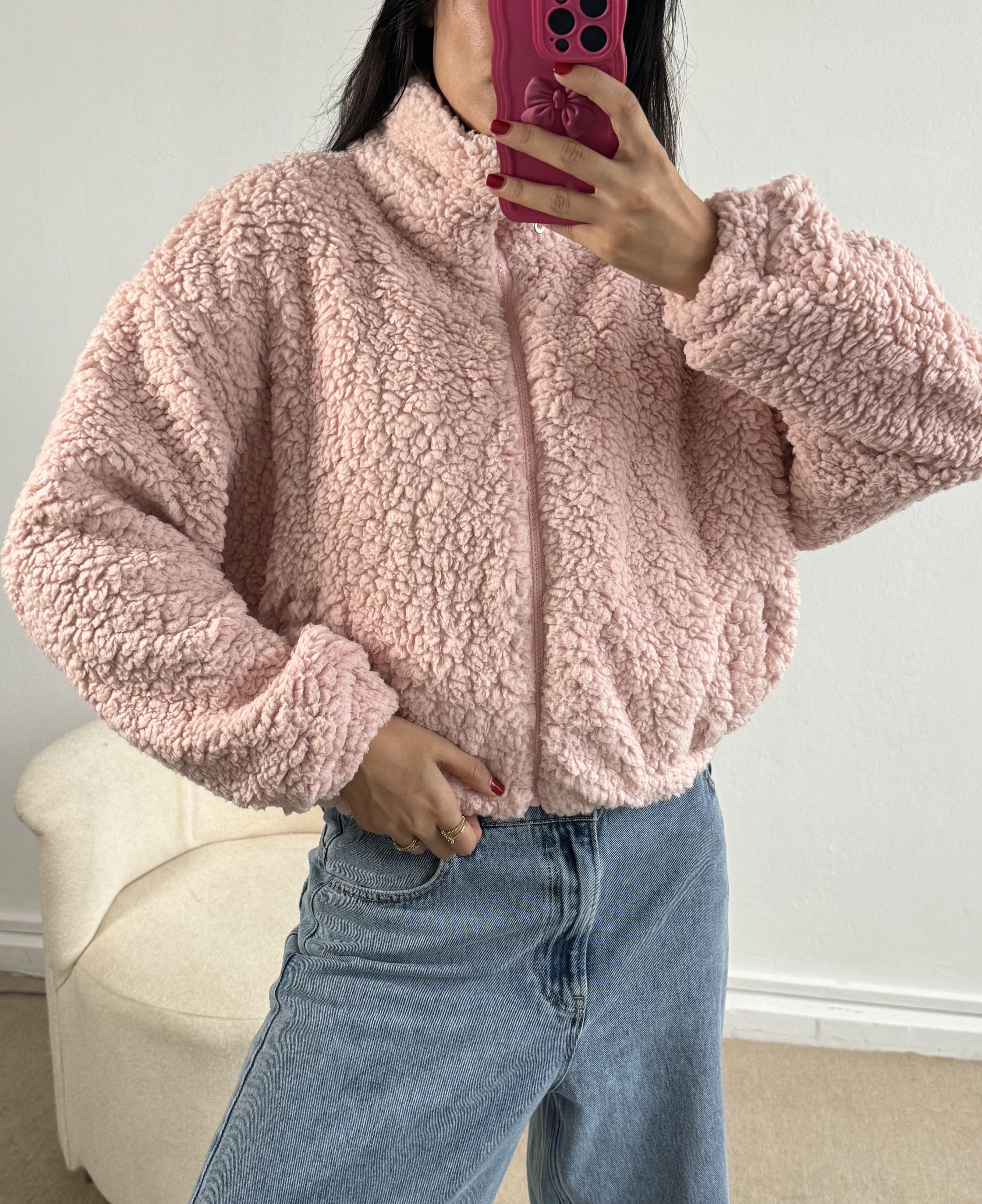 Pembe Astarlı Oversize Pelüş Mont 26113
