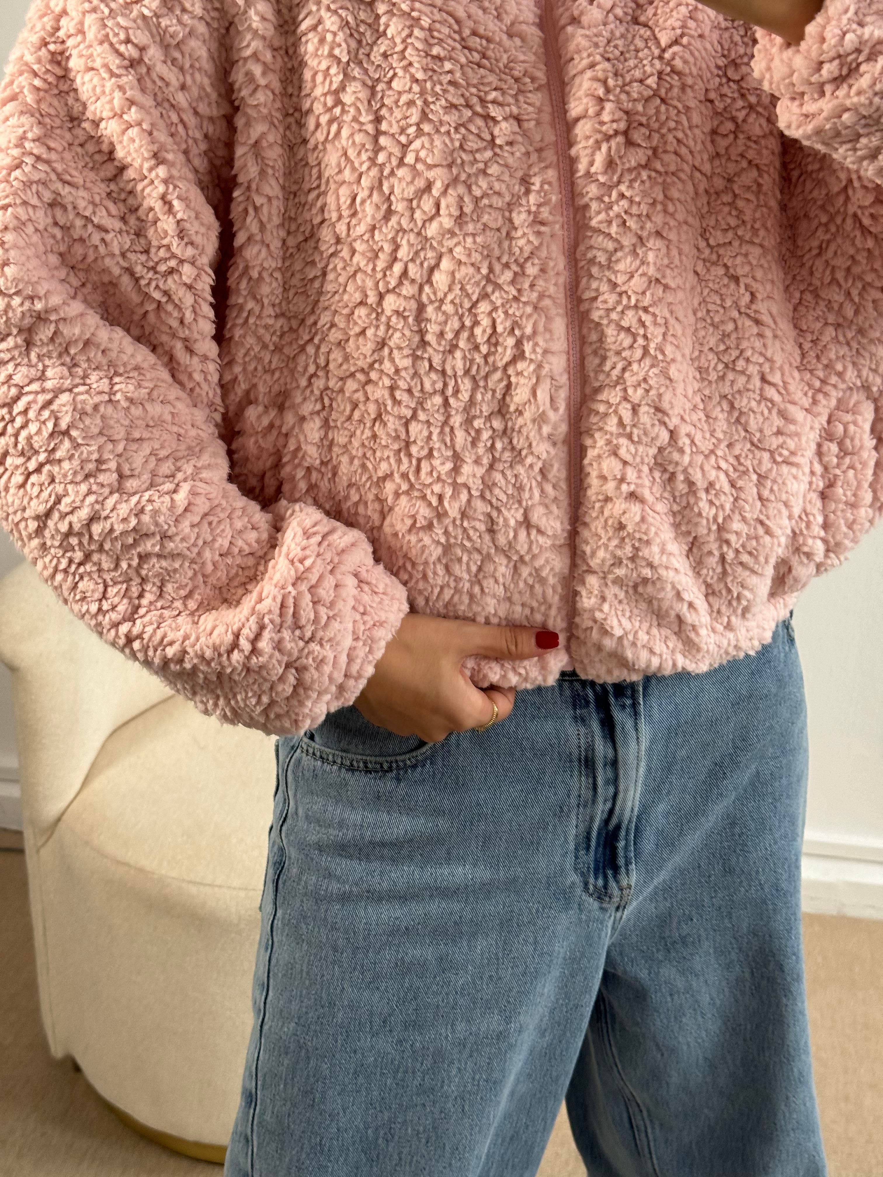 Pembe Astarlı Oversize Pelüş Mont 26113