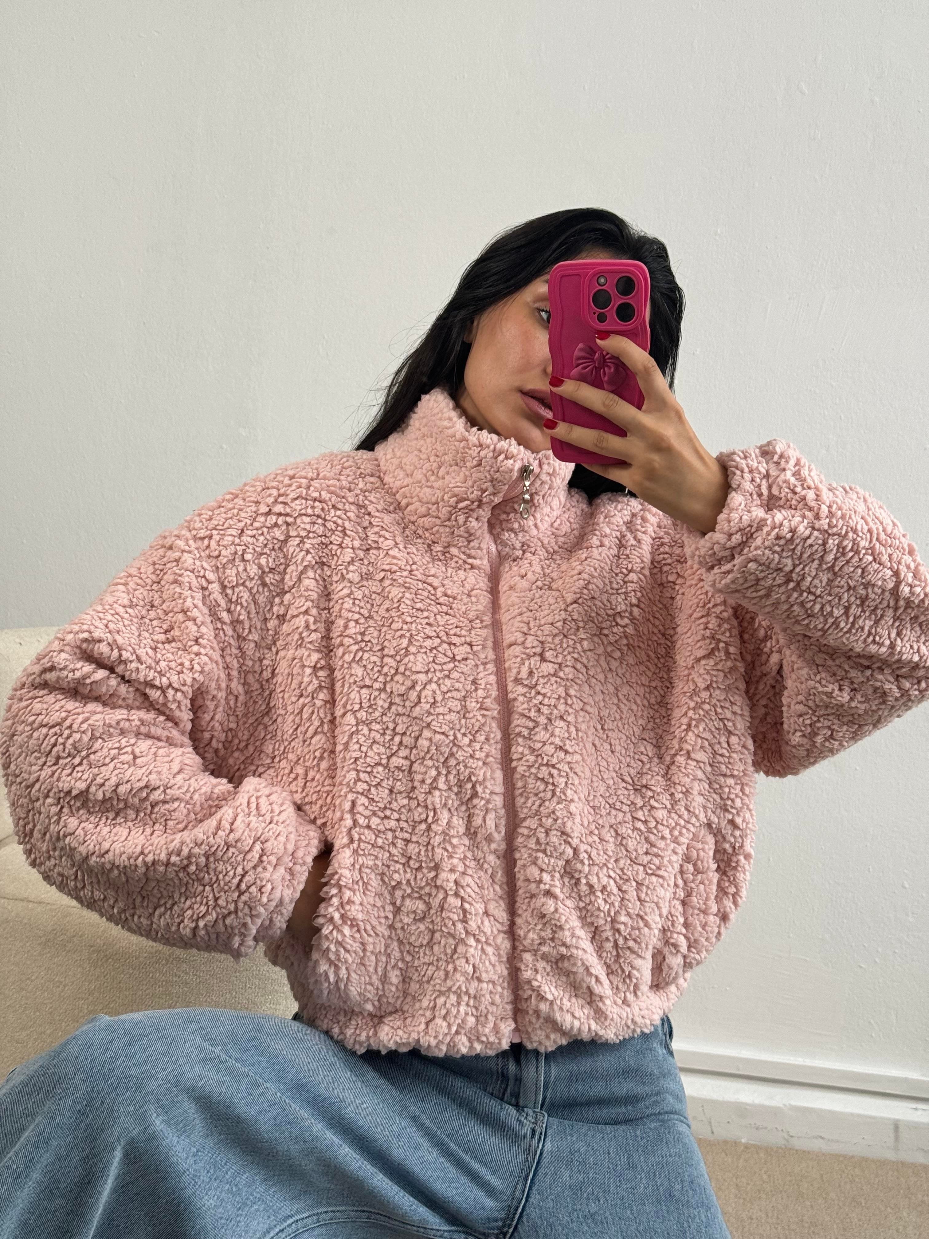 Pembe Astarlı Oversize Pelüş Mont 26113