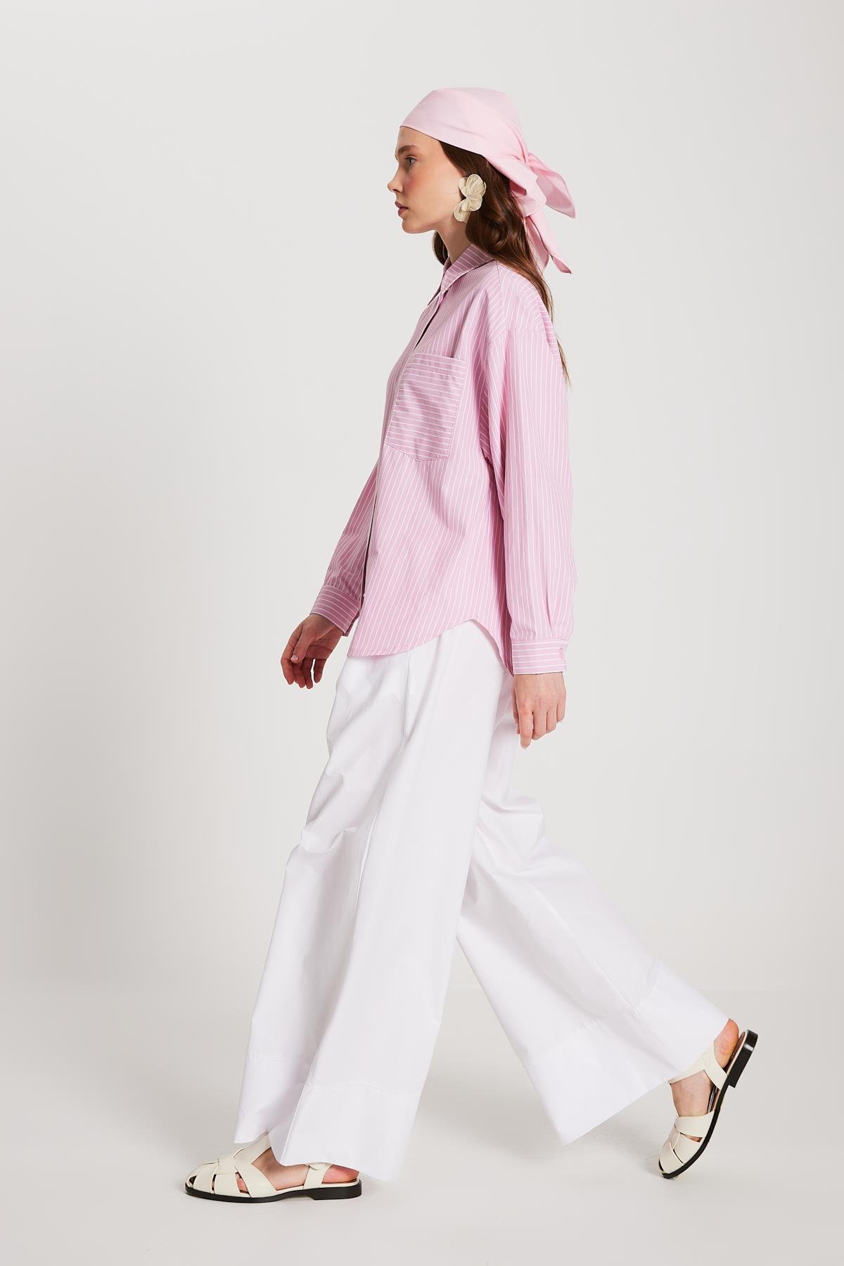 Pembe Beyaz Çizgili Oversize Cepli Gömlek 27135