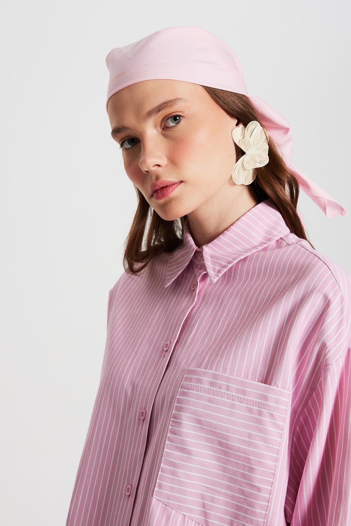 Pembe Beyaz Çizgili Oversize Cepli Gömlek 27135