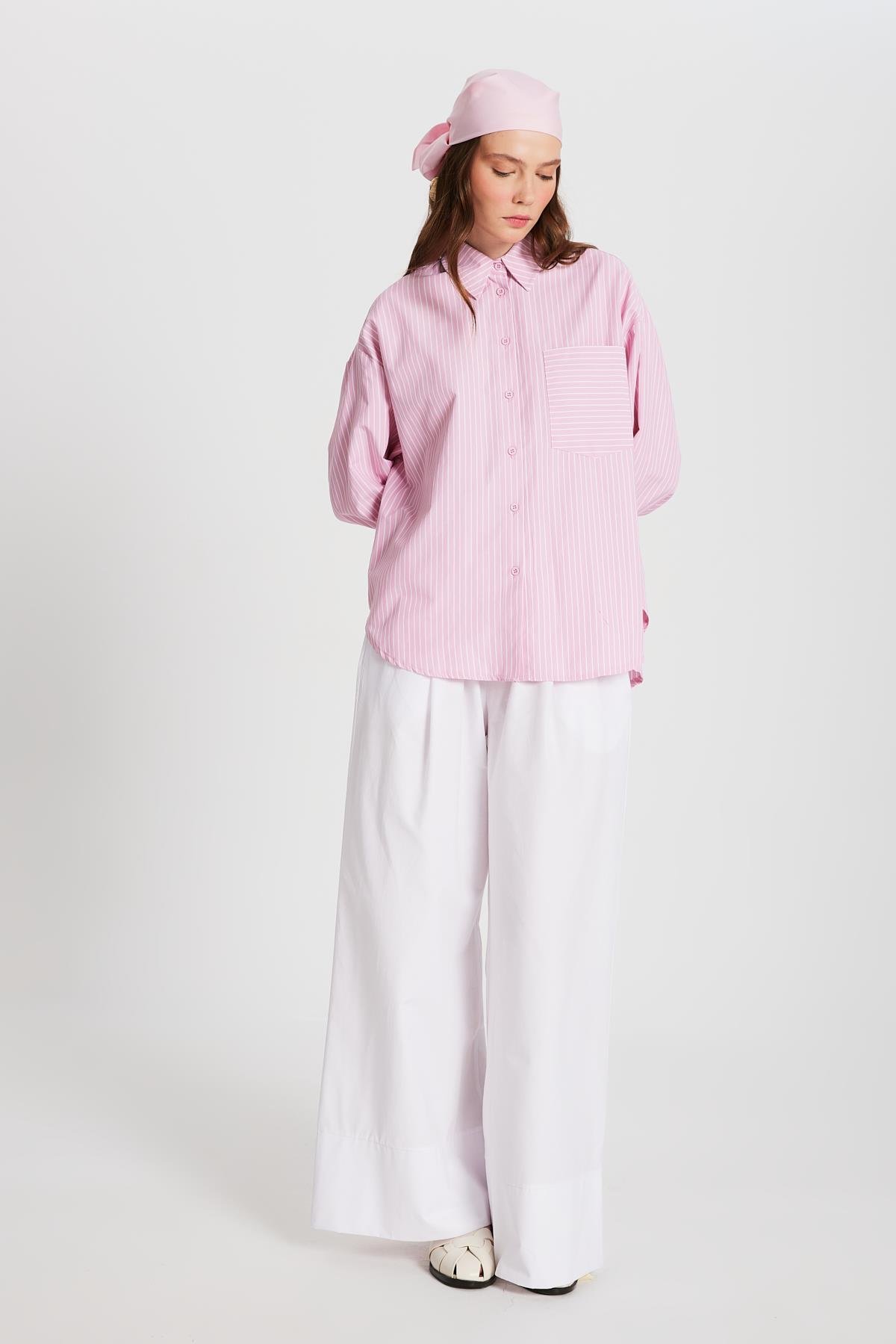 Pembe Beyaz Çizgili Oversize Cepli Gömlek 27135