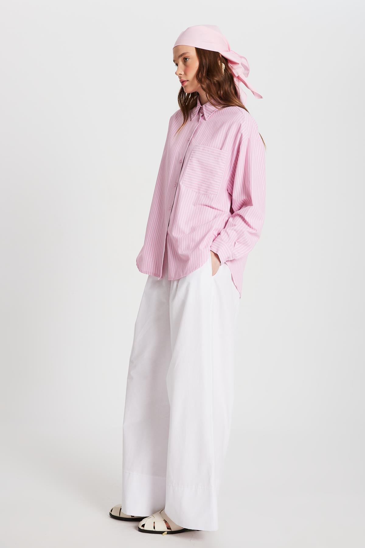 Pembe Beyaz Çizgili Oversize Cepli Gömlek 27135
