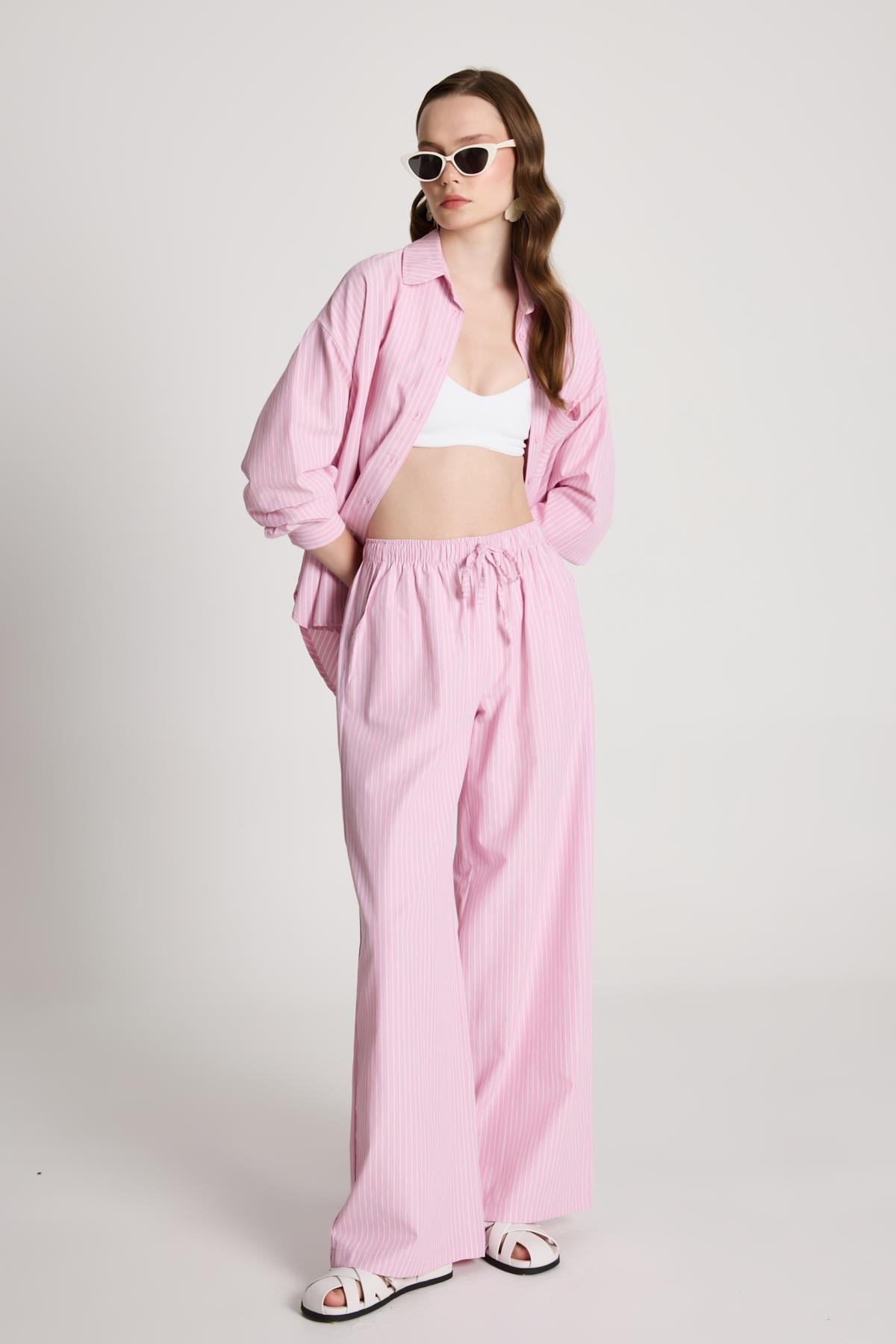 Pembe Beyaz Çizgili Oversize Gömlek/pantolon Alt-üst Takım