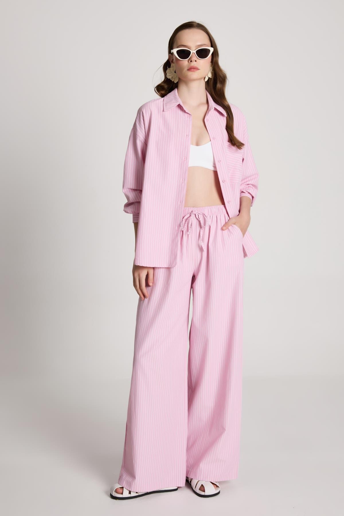 Pembe Beyaz Çizgili Oversize Gömlek/pantolon Alt-üst Takım