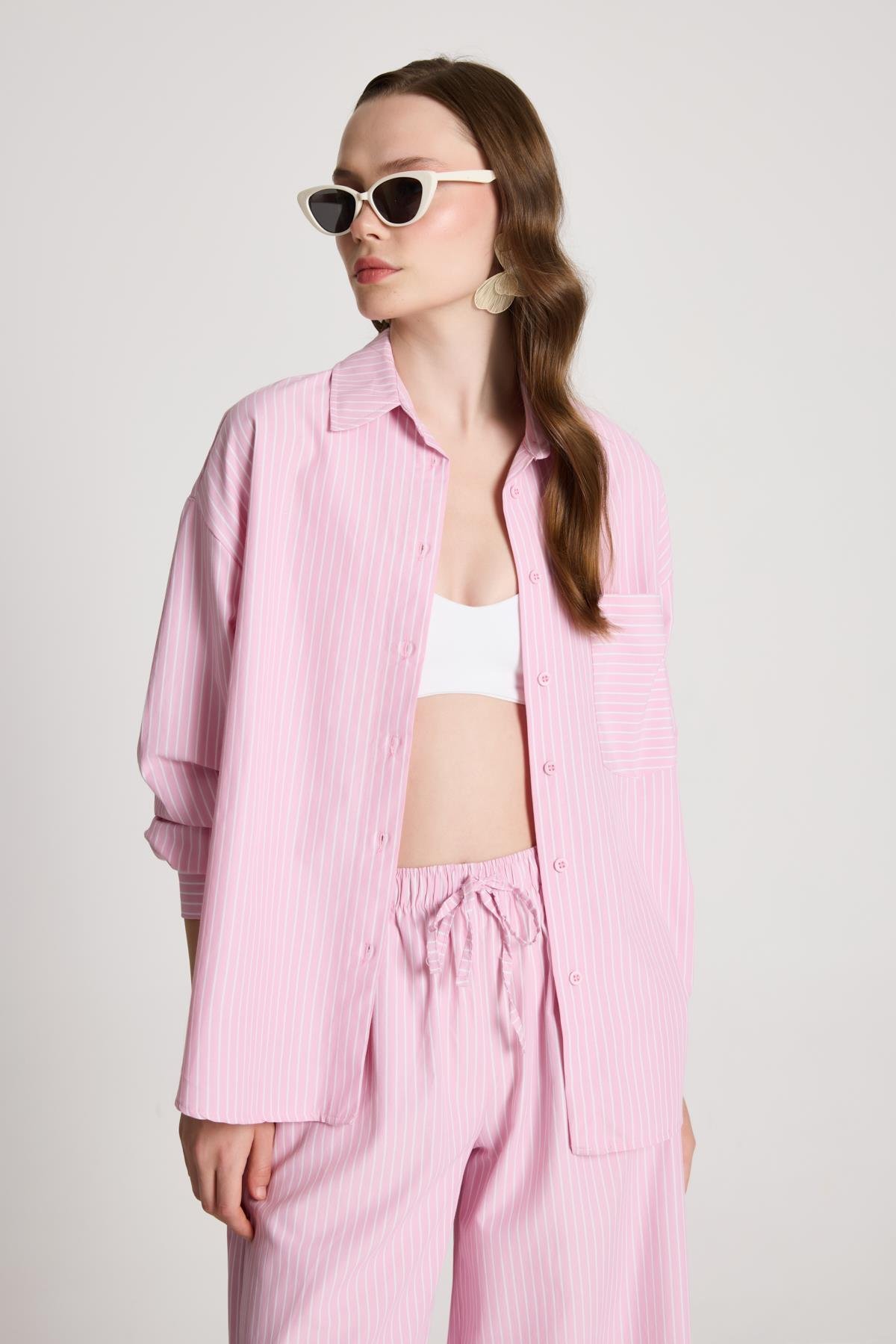 Pembe Beyaz Çizgili Oversize Gömlek/pantolon Alt-üst Takım