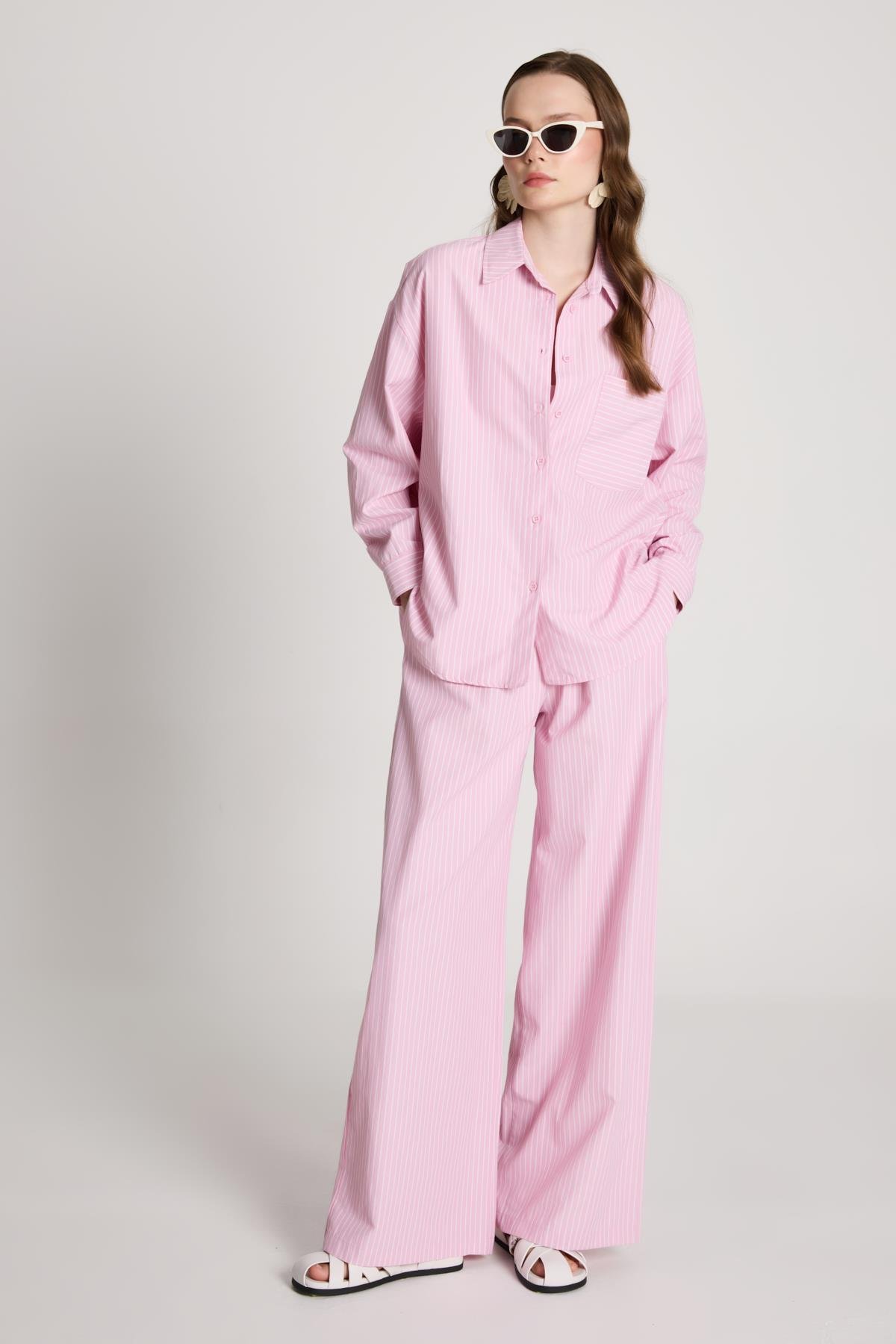 Pembe Beyaz Çizgili Oversize Gömlek/pantolon Alt-üst Takım