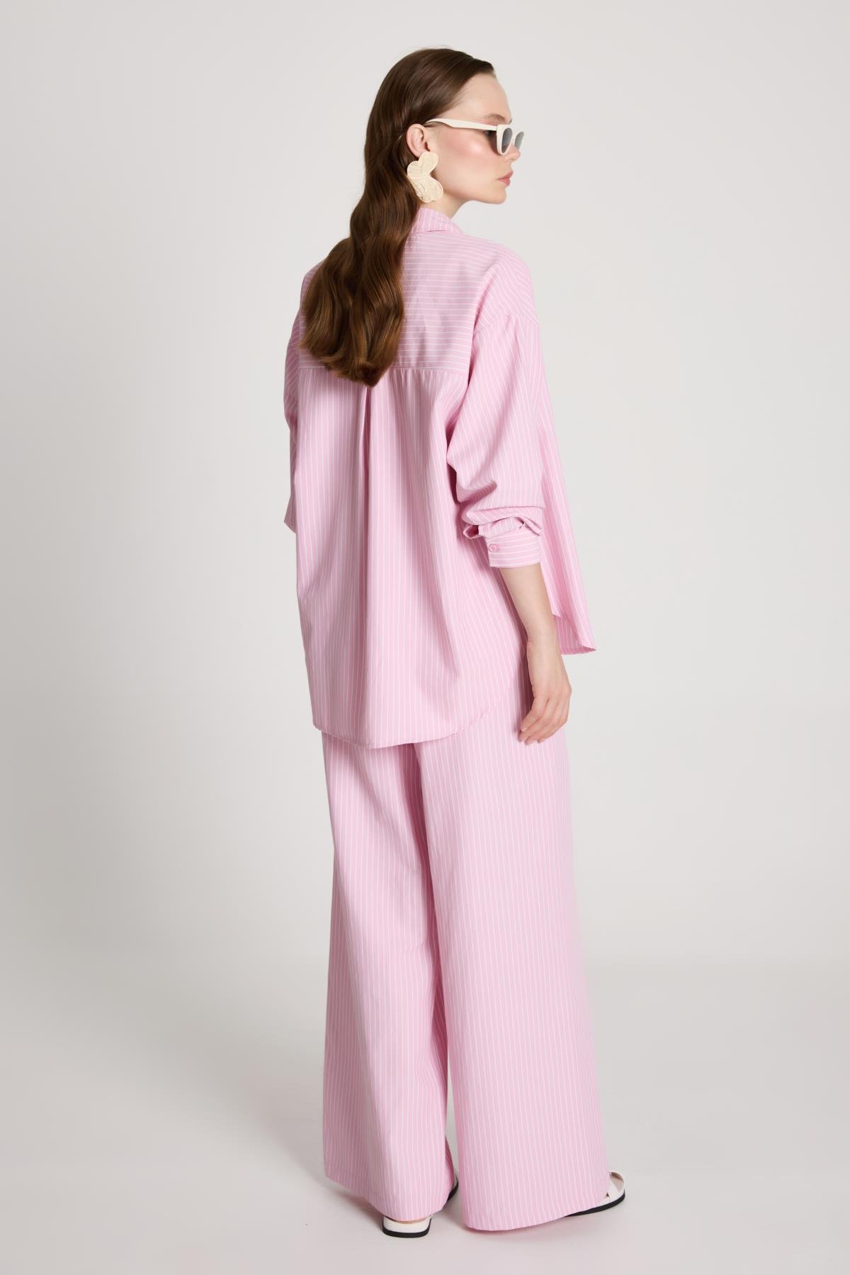 Pembe Beyaz Çizgili Oversize Gömlek/pantolon Alt-üst Takım